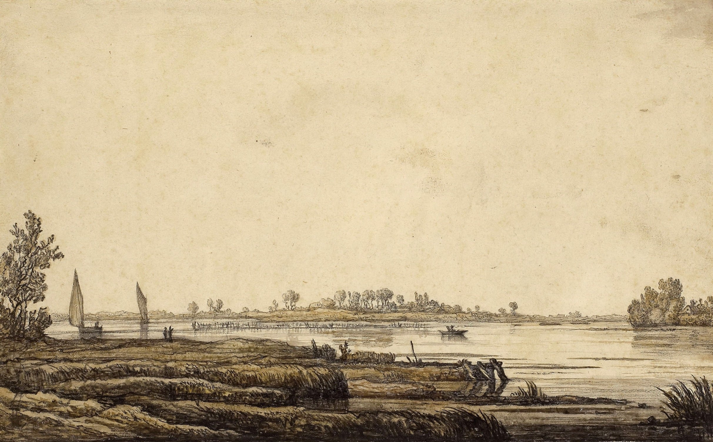 海洋主题 - 河岸风景素描 - 描绘河岸与帆船景象 