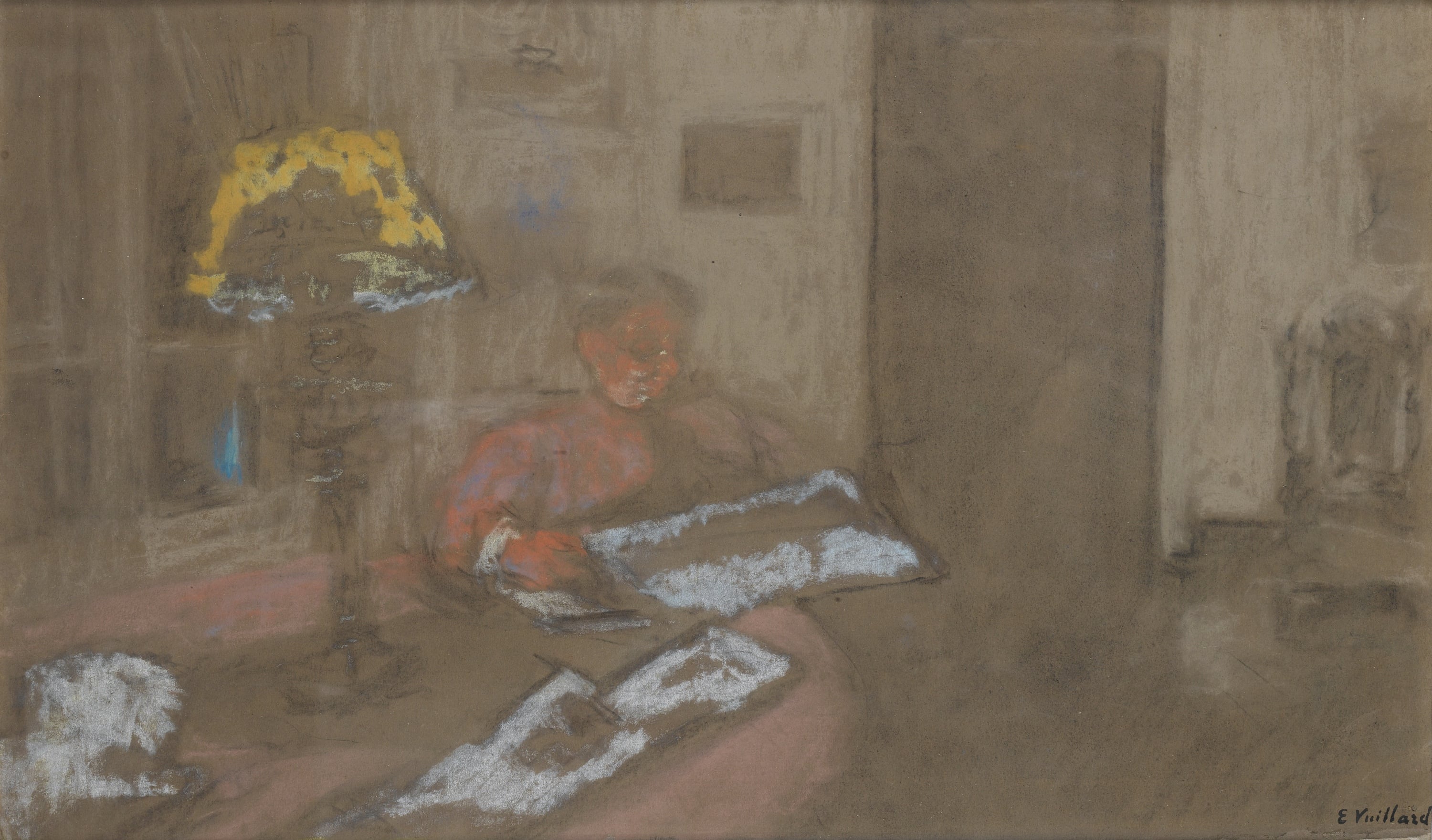 室内生活场景主题 - 无明确名字 - 室内人物灯下阅读情景 