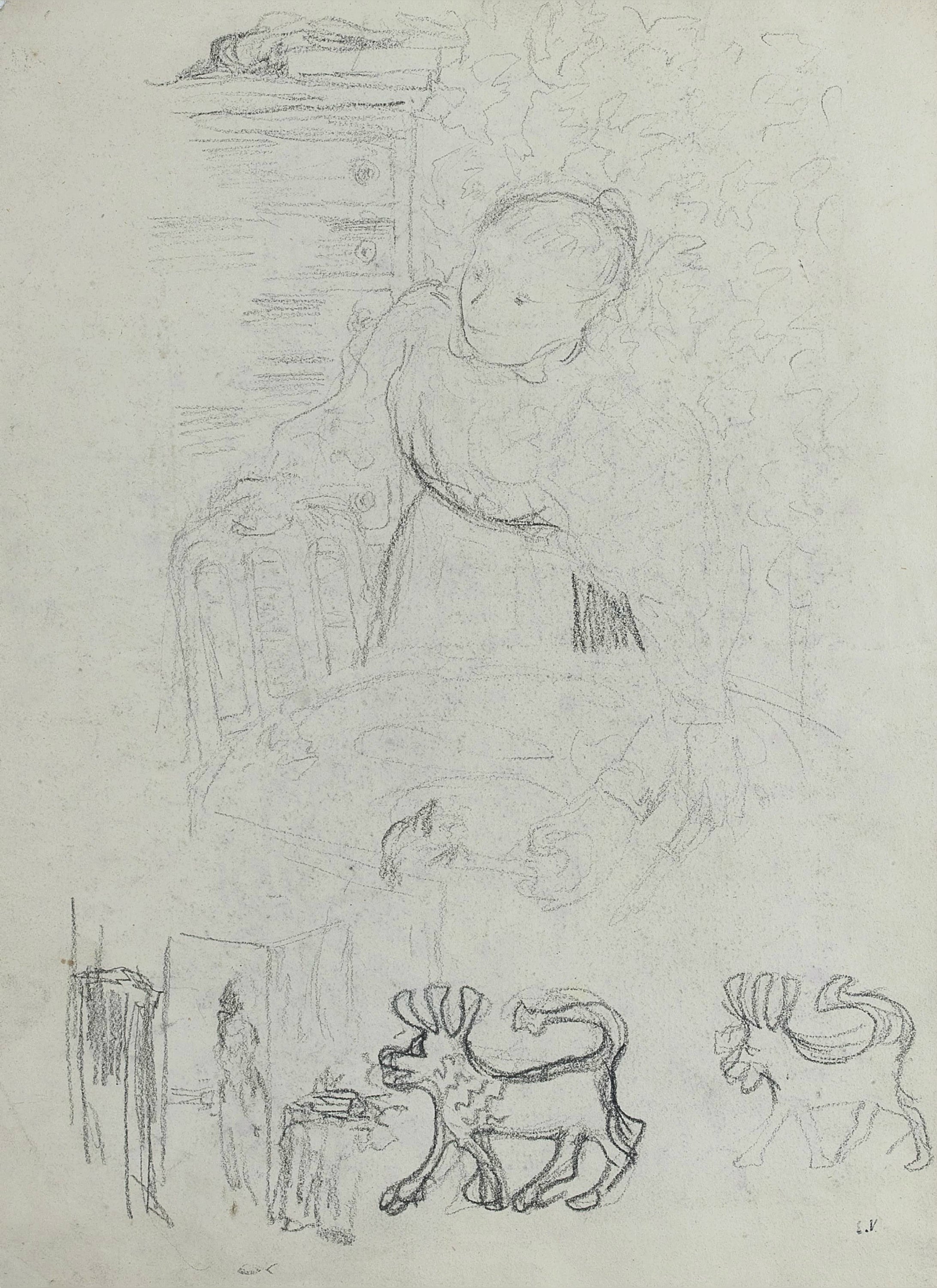 室内生活场景主题 - 未命名素描作品 - 描绘室内人物与动物景象 