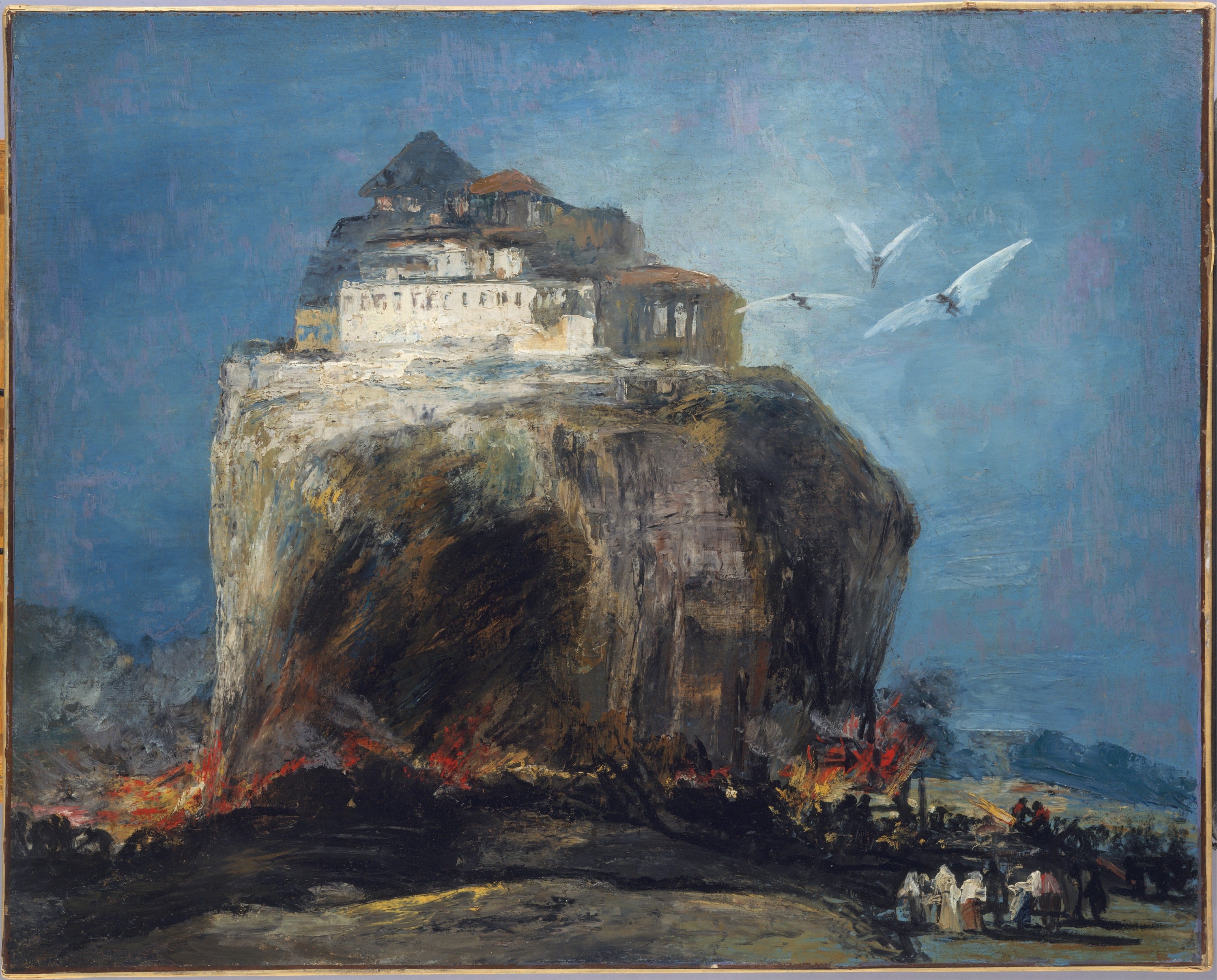 其他 - 未知名画作 - 巨岩上建筑下人群景象 