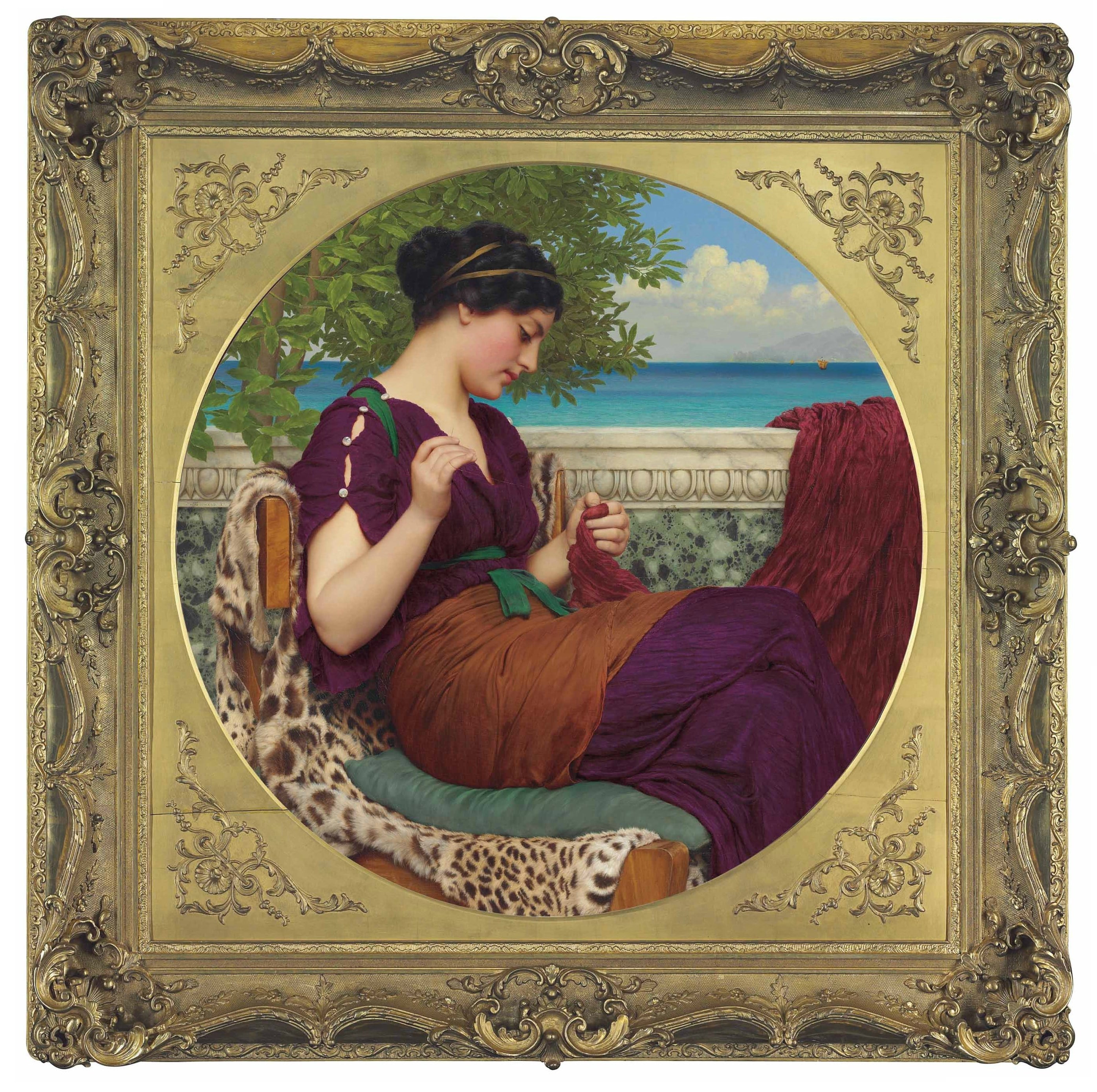 人物主题 - 海边缝纫的古典女子 - 女子于海边专注地缝纫 