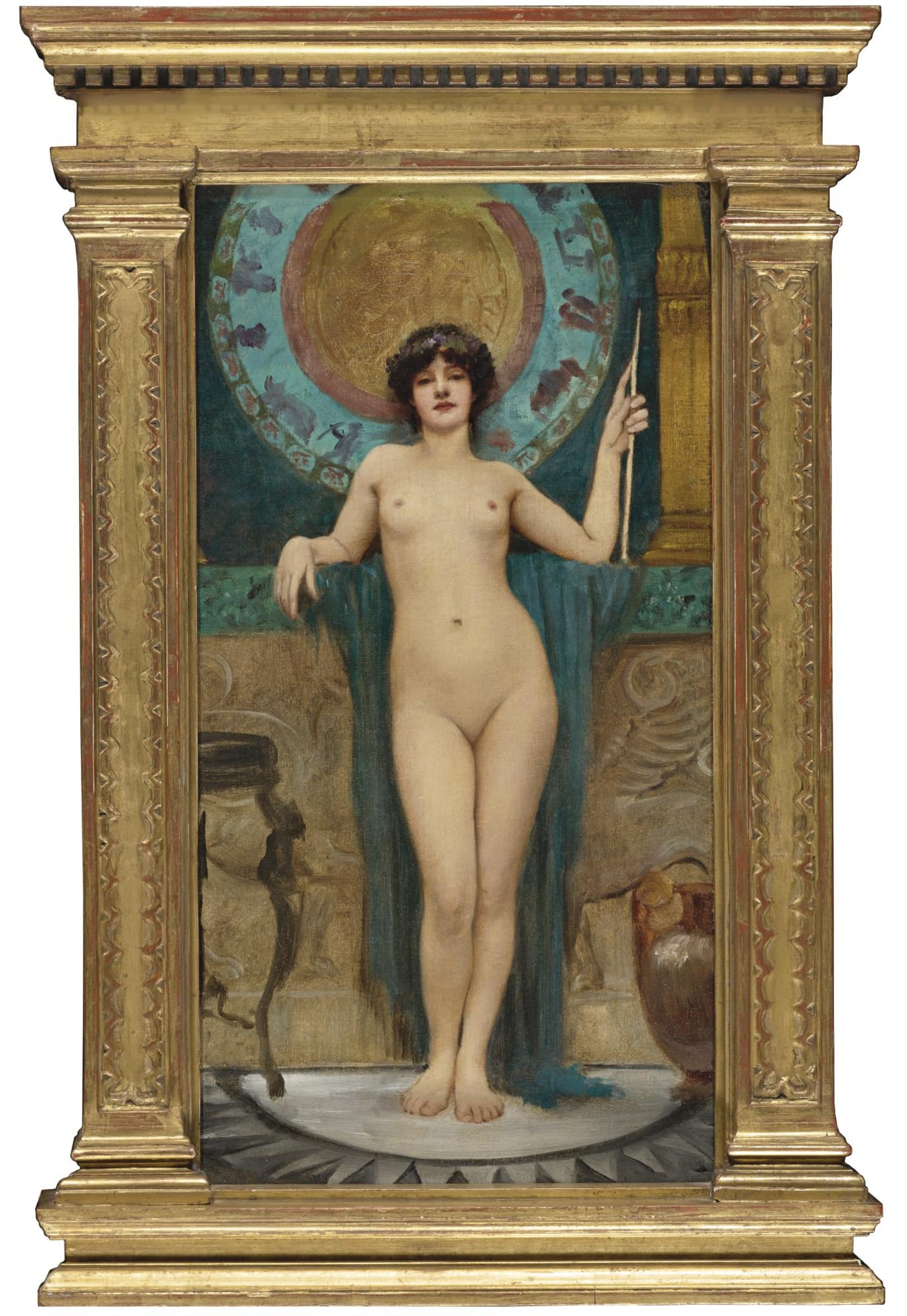 人物主题 - 未知名人体油画 - 裸体女性持杖姿态优雅 