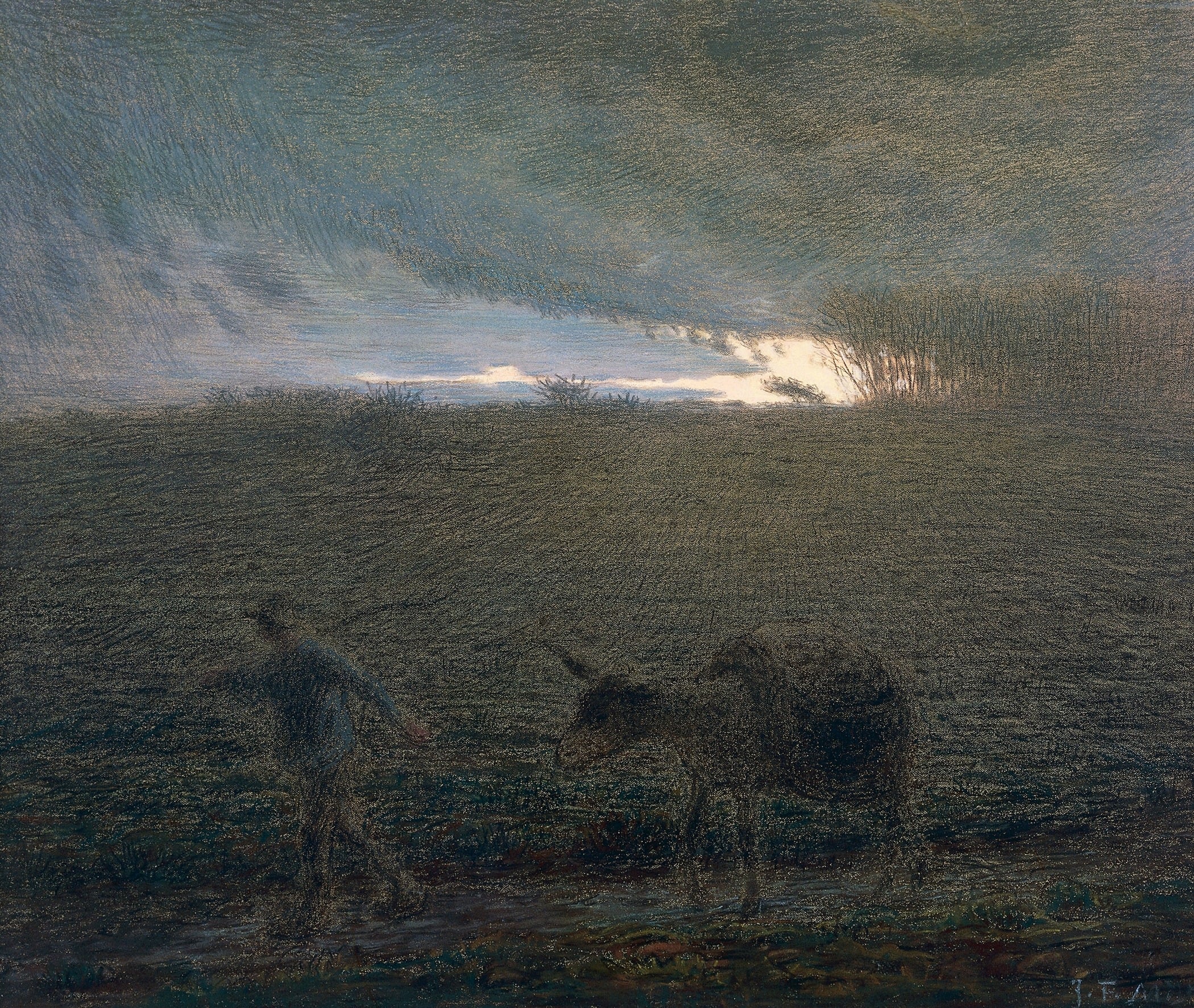 农民劳作场景主题 - 无名画作 - 雨中农田里的劳作身影 