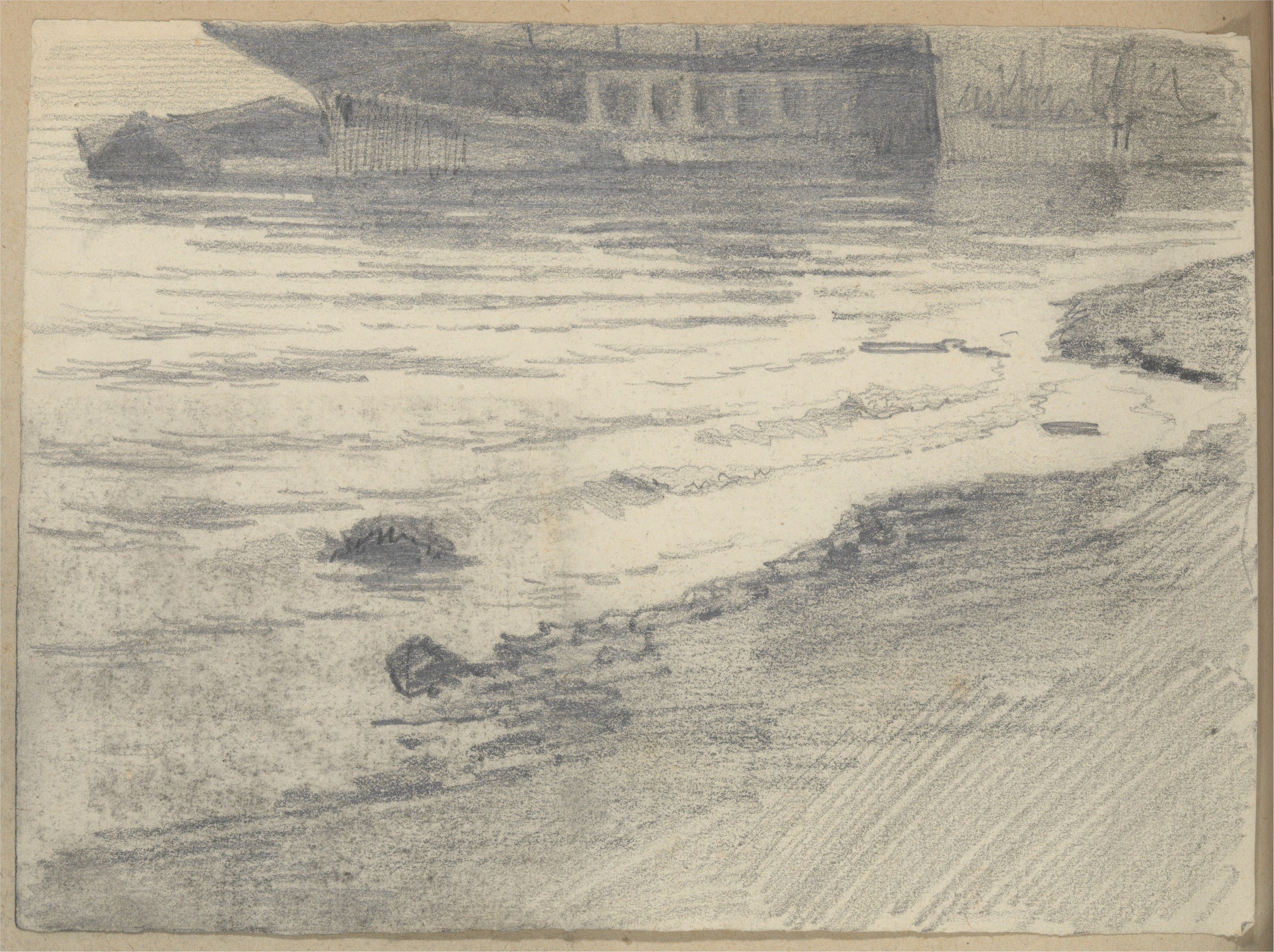 其他 - 未知船只岸边素描 - 岸边船只的铅笔素描作 