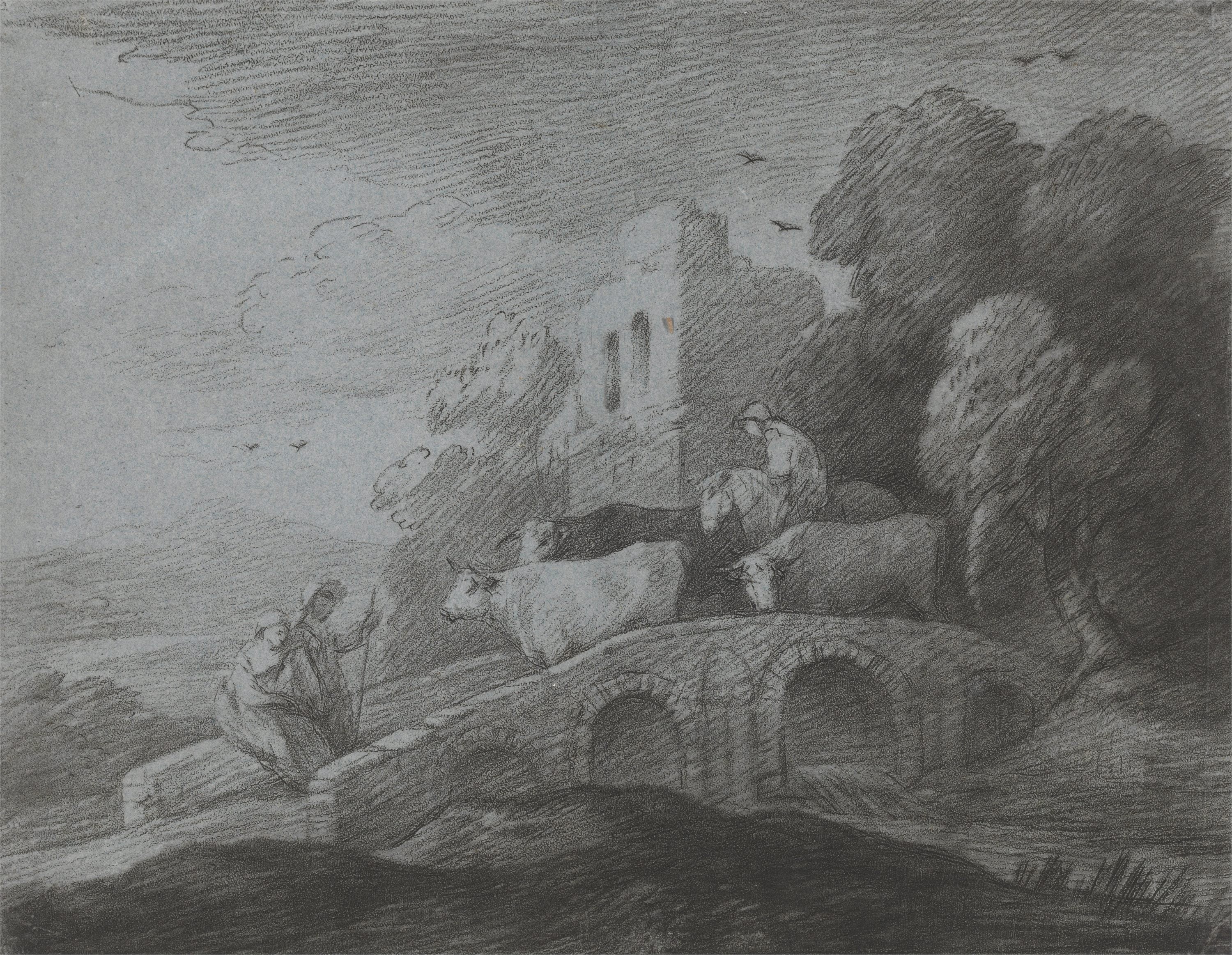 田园牧歌意境主题 - 佚名田园素描 - 描绘牧人与牲畜过桥景 