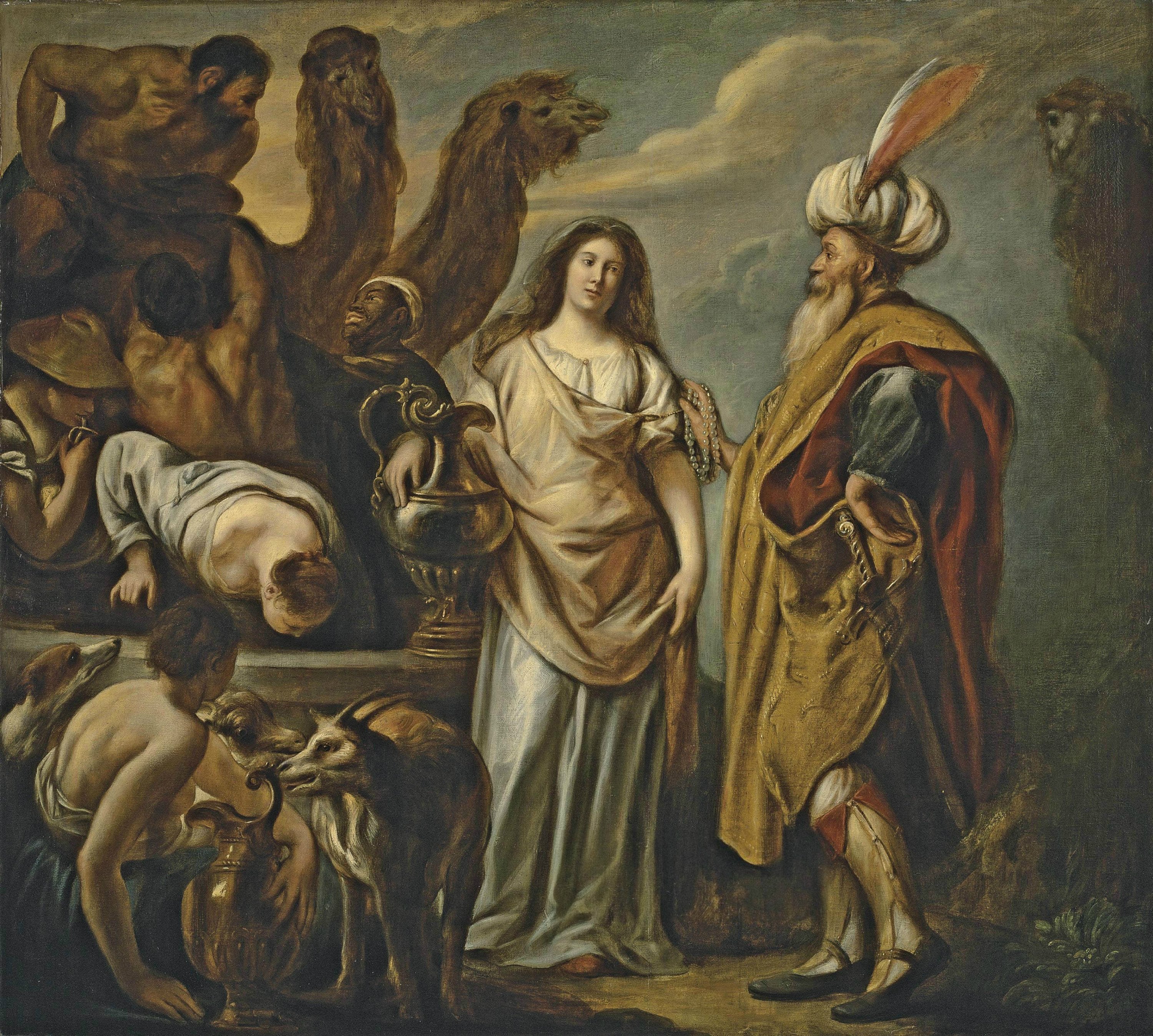 神话寓言故事主题 - 利百加与以利以谢 - 描绘圣经人物相遇场景 