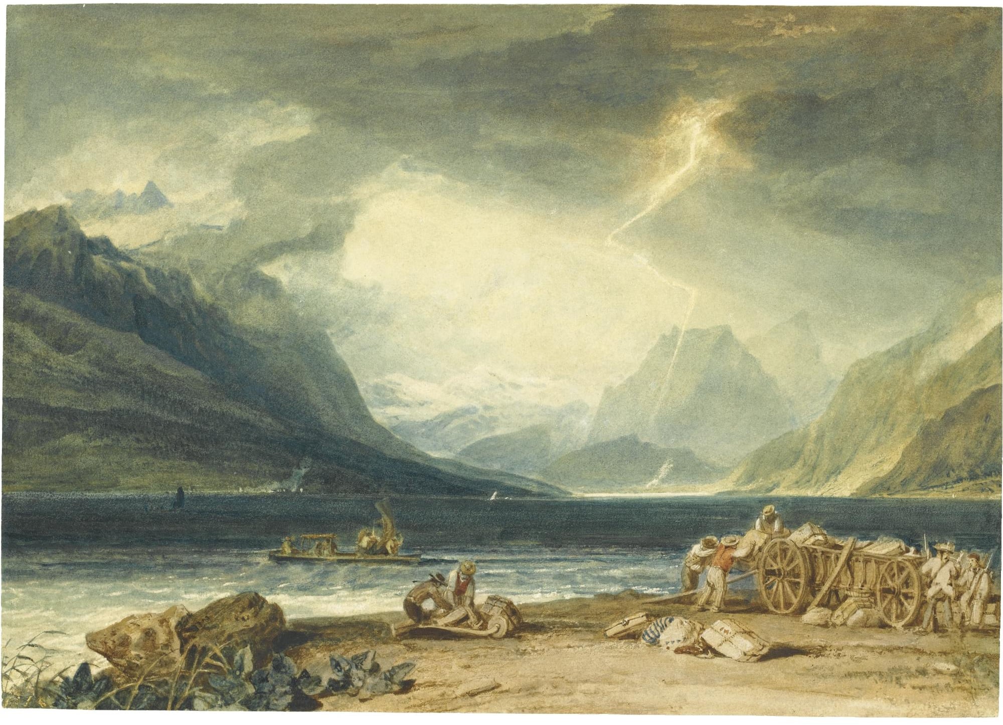 自然力量展现主题 - 未知名画作 - 闪电下的山水人物场景 