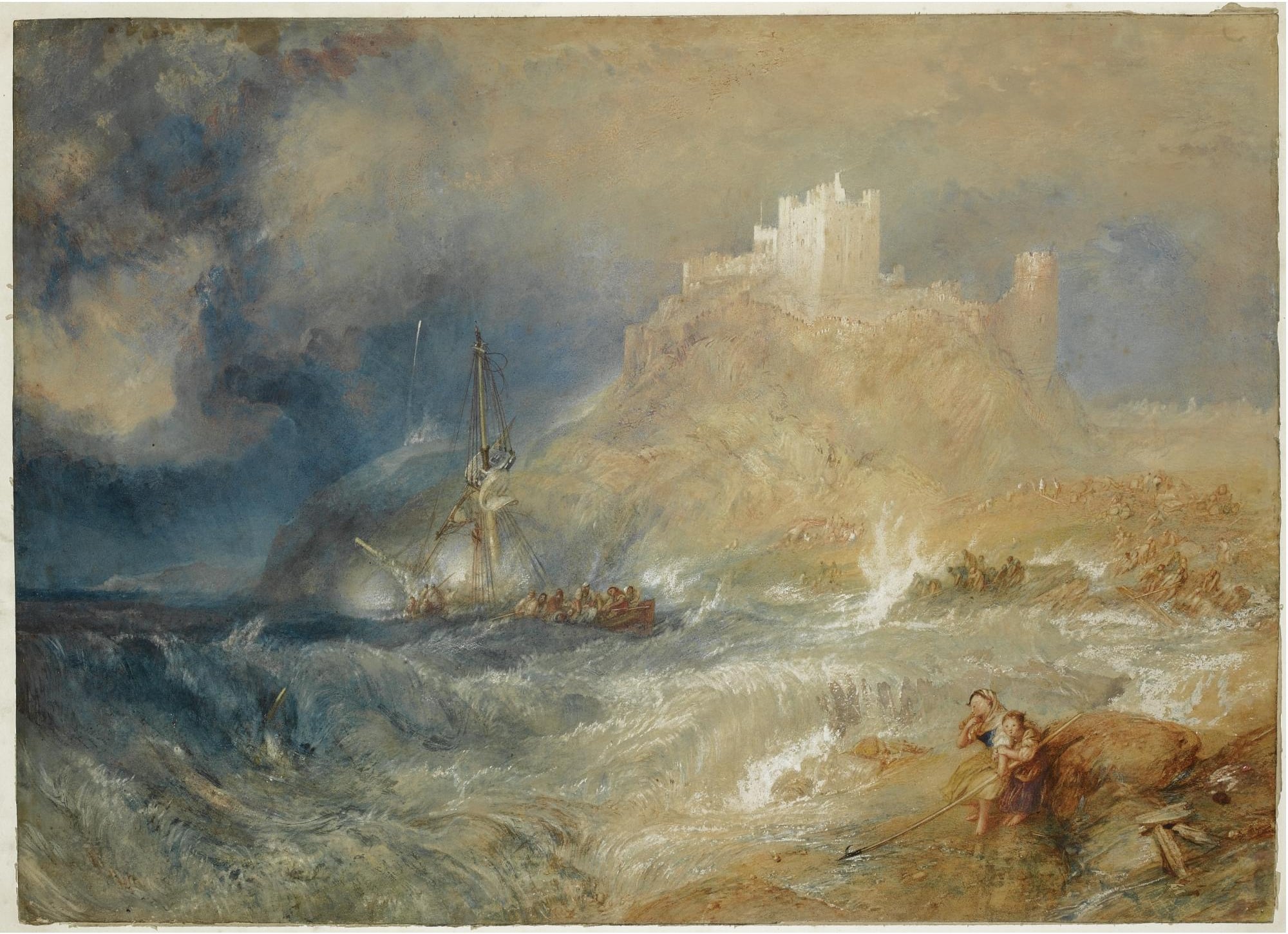 海洋风暴场景主题 - 未知名海景画作 - 风暴中海浪与城堡景象 