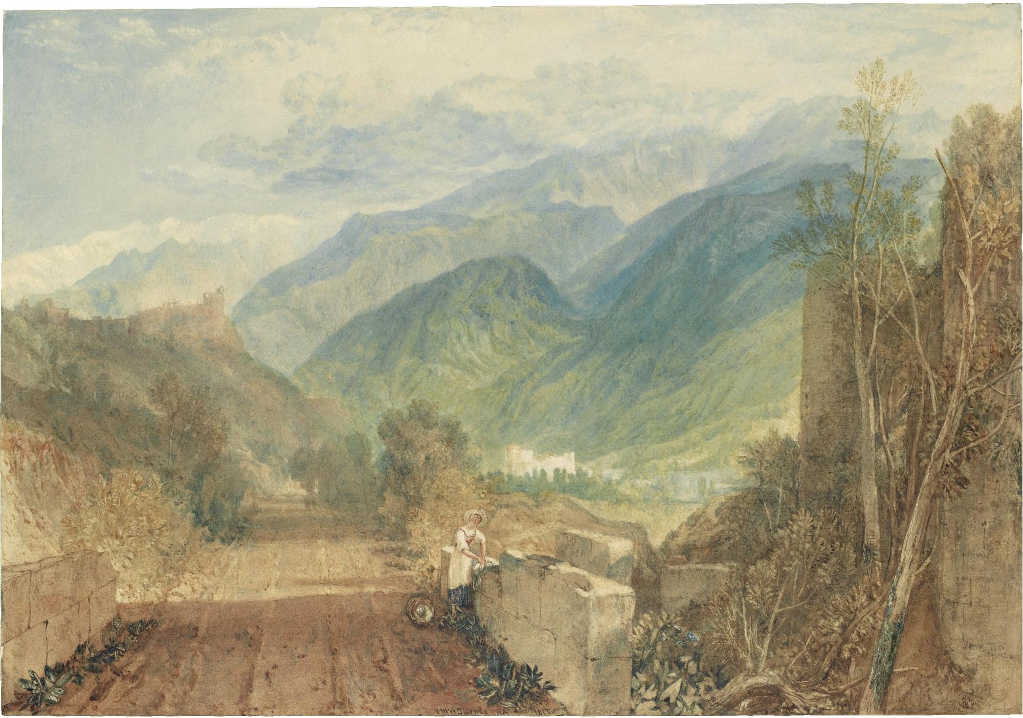 诗意氛围营造主题 - 未知名山水画作 - 山峦间女子静赏风景 