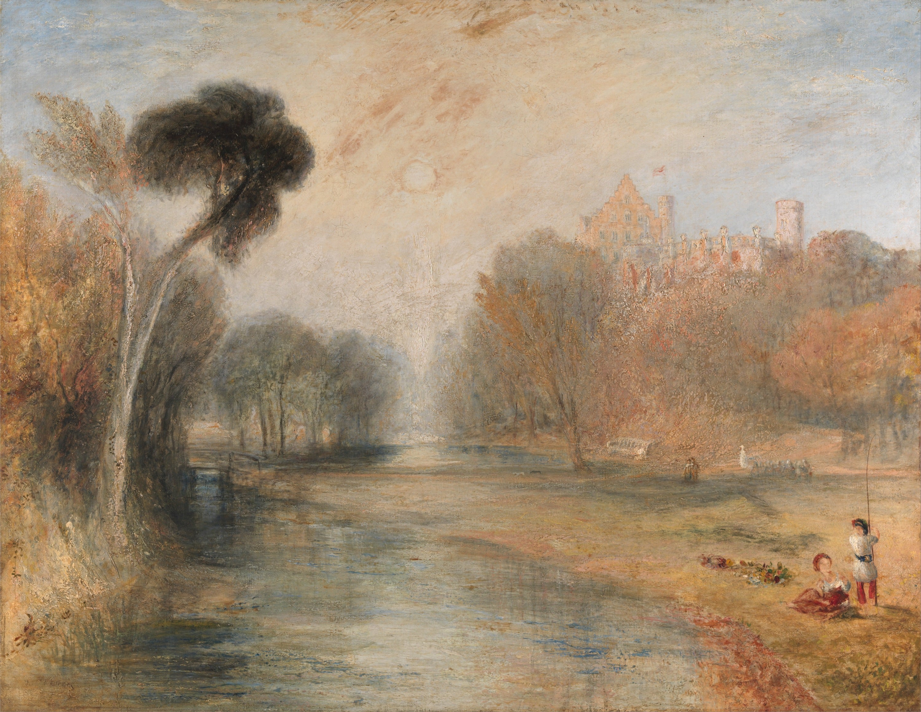 诗意氛围营造主题 - 未知名风景画作 - 河畔城堡旁的诗意景致 