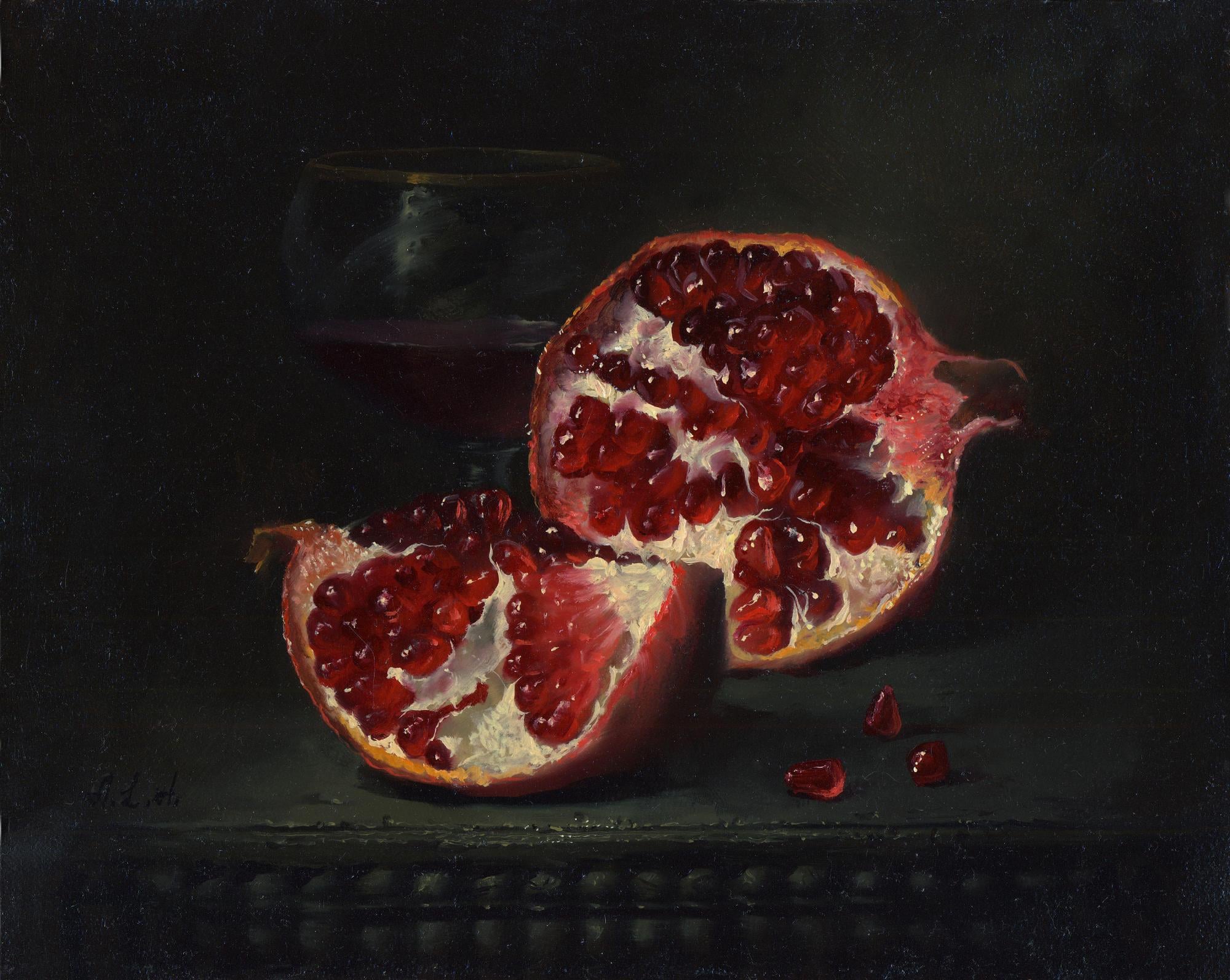 其他 - 石榴静物画 - 展现切开石榴的诱人态 