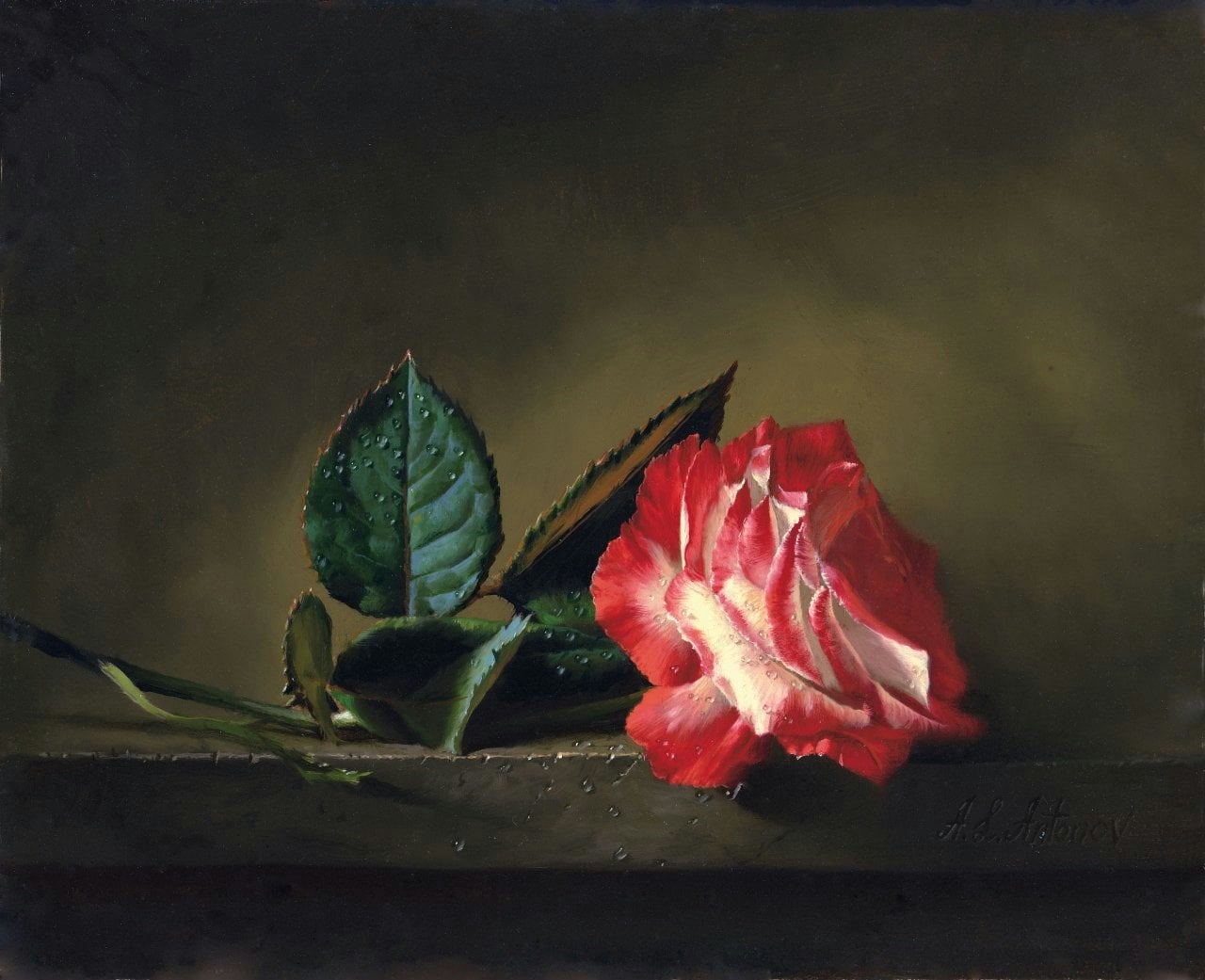 其他 - 红玫瑰静物油画 - 娇艳玫瑰带露的呈现 