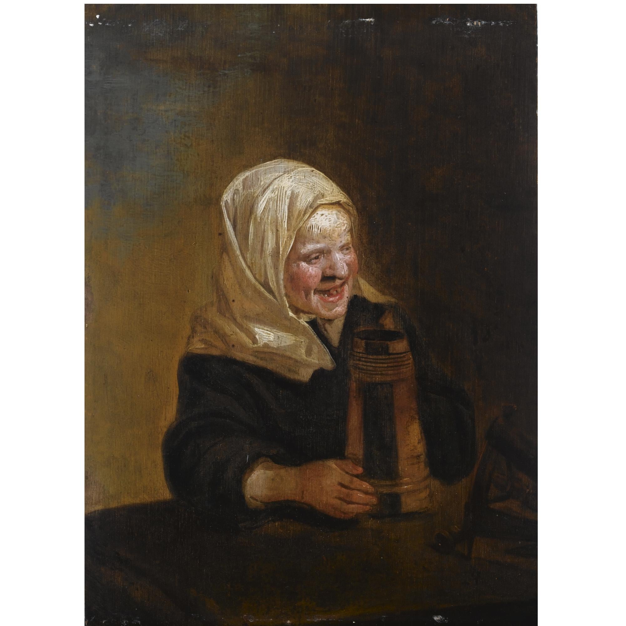 人物性格刻画主题 - 戴头巾持杯的笑者 - 描绘持杯者愉悦神态