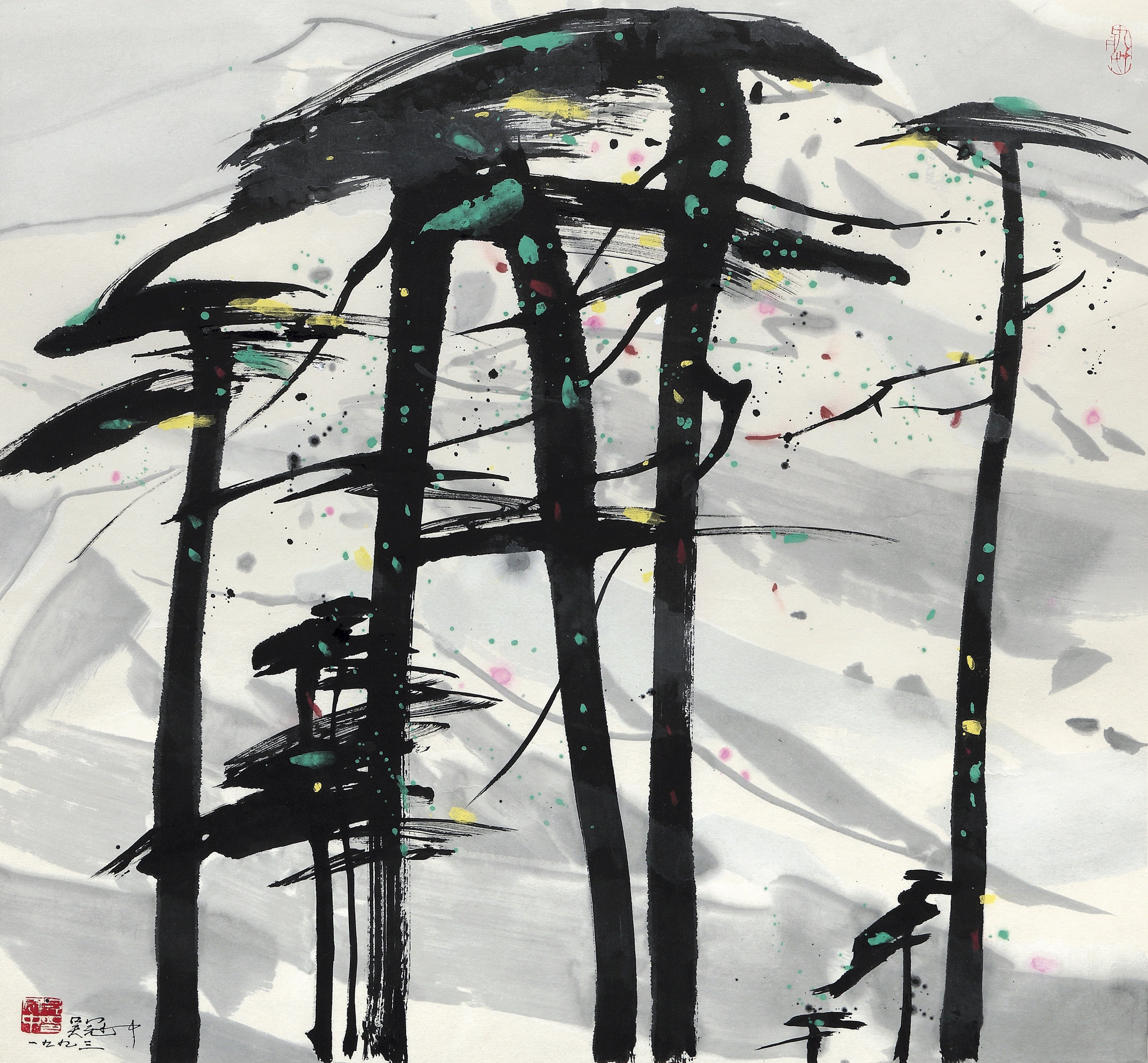 线条色彩交织主题 - 未知名画作 - 墨线彩点交织绘树景 