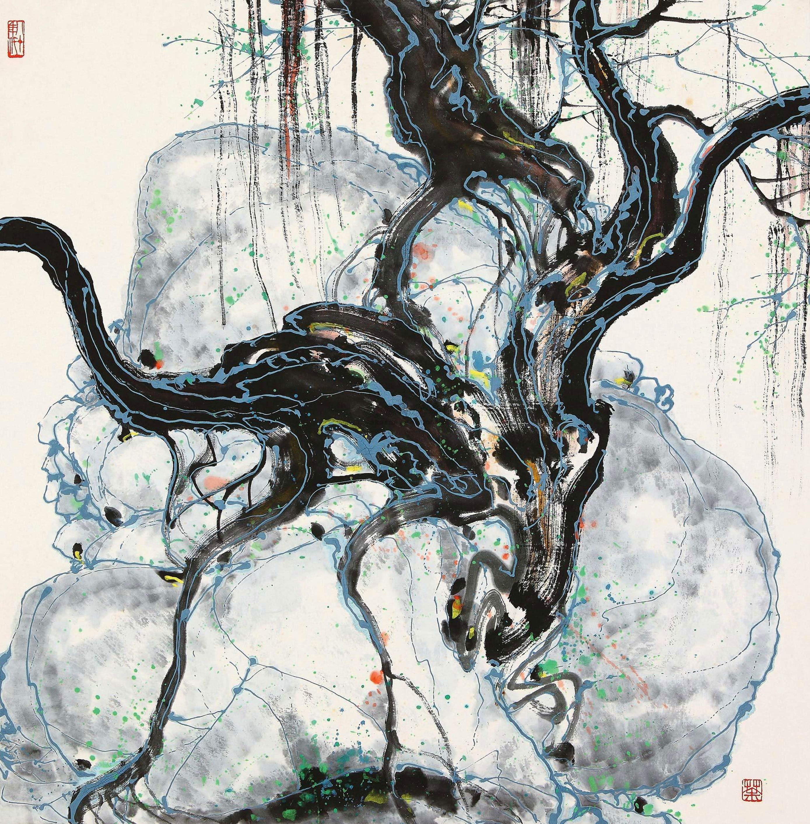 线条色彩交织主题 - 未知名画作 - 墨线彩点交织绘树石 