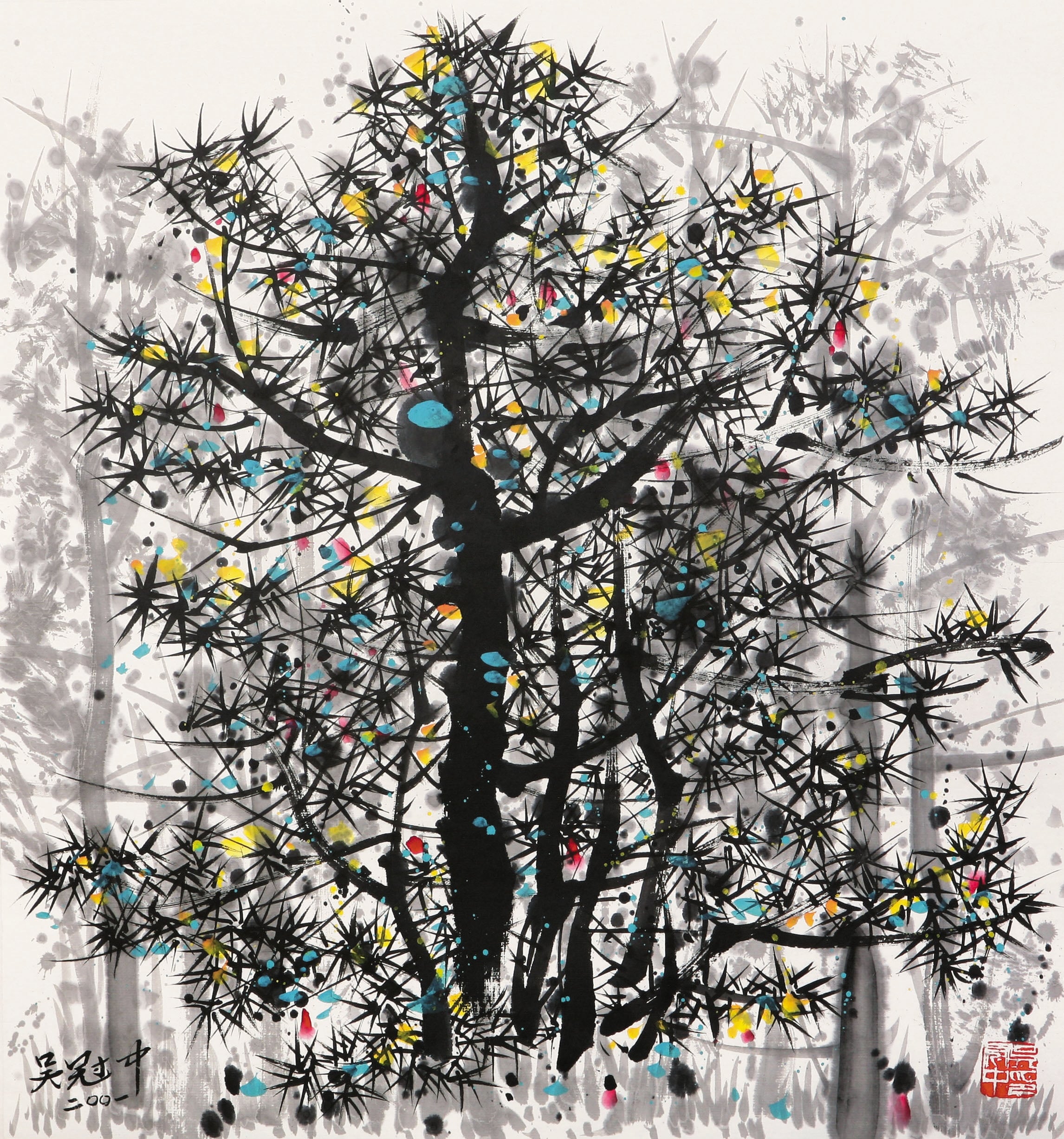 线条色彩交织主题 - 墨竹 - 墨线彩点交织绘竹韵 