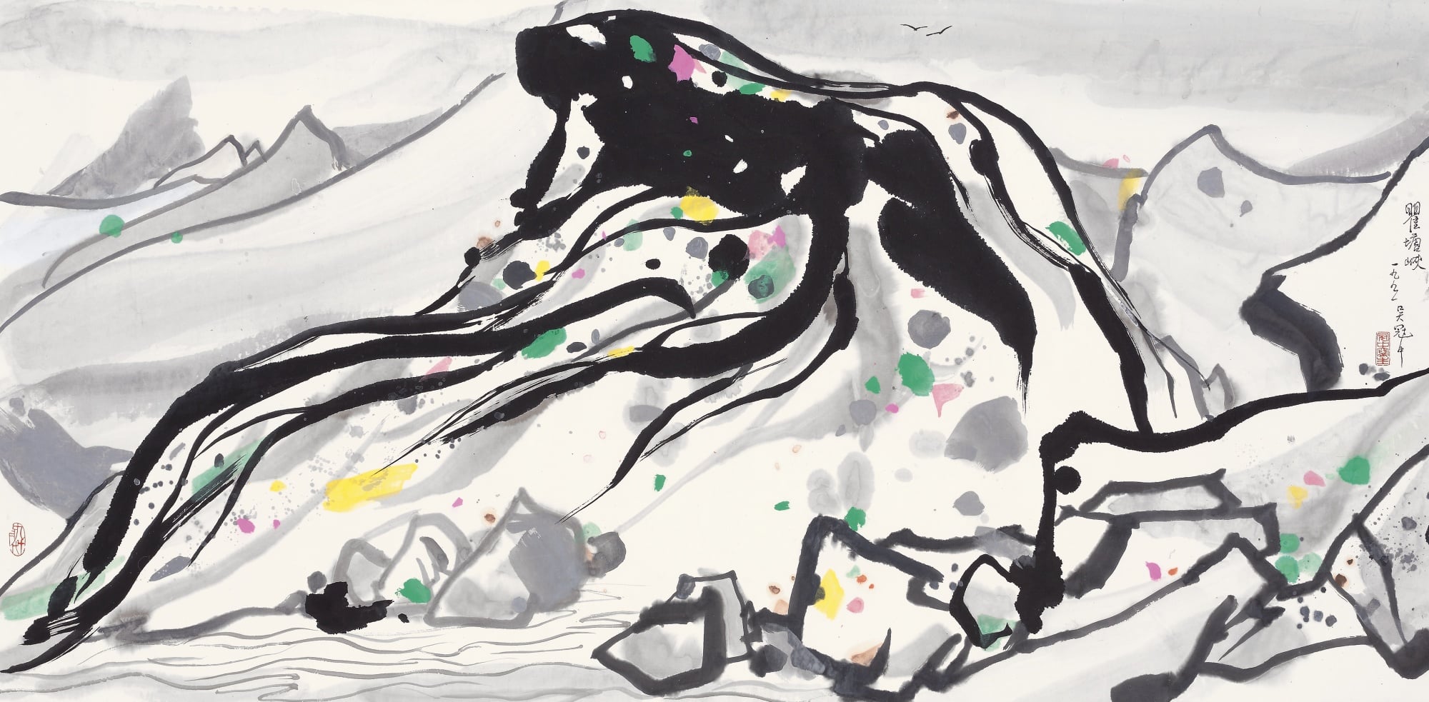 线条色彩交织主题 - 无题 - 墨线彩点交织山水意象 