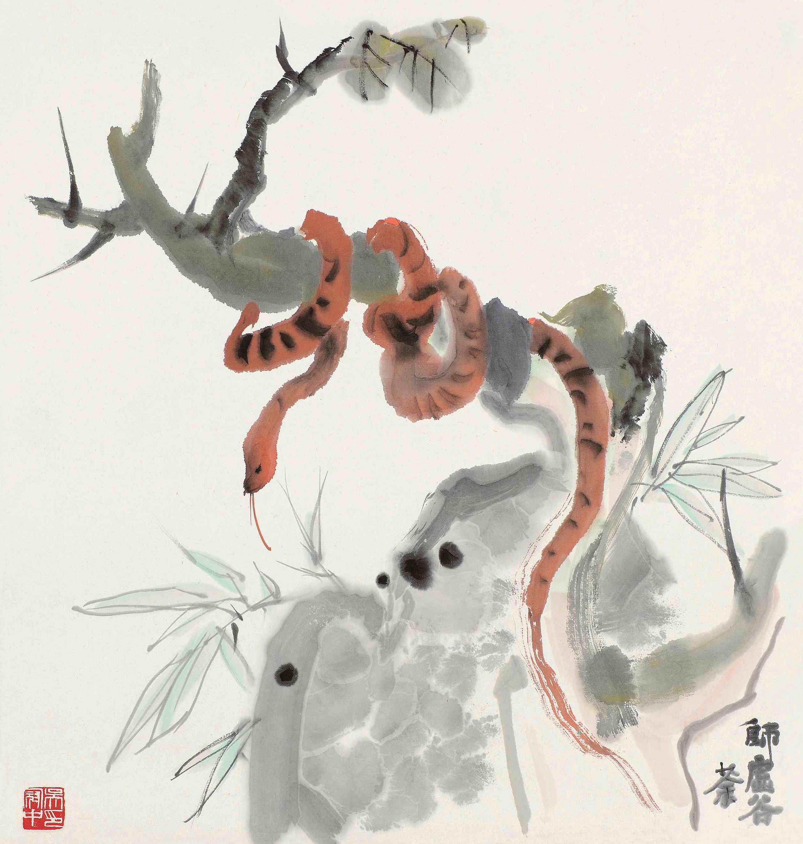 其他 - 无题 - 墨绘蛇栖于枝之景象 