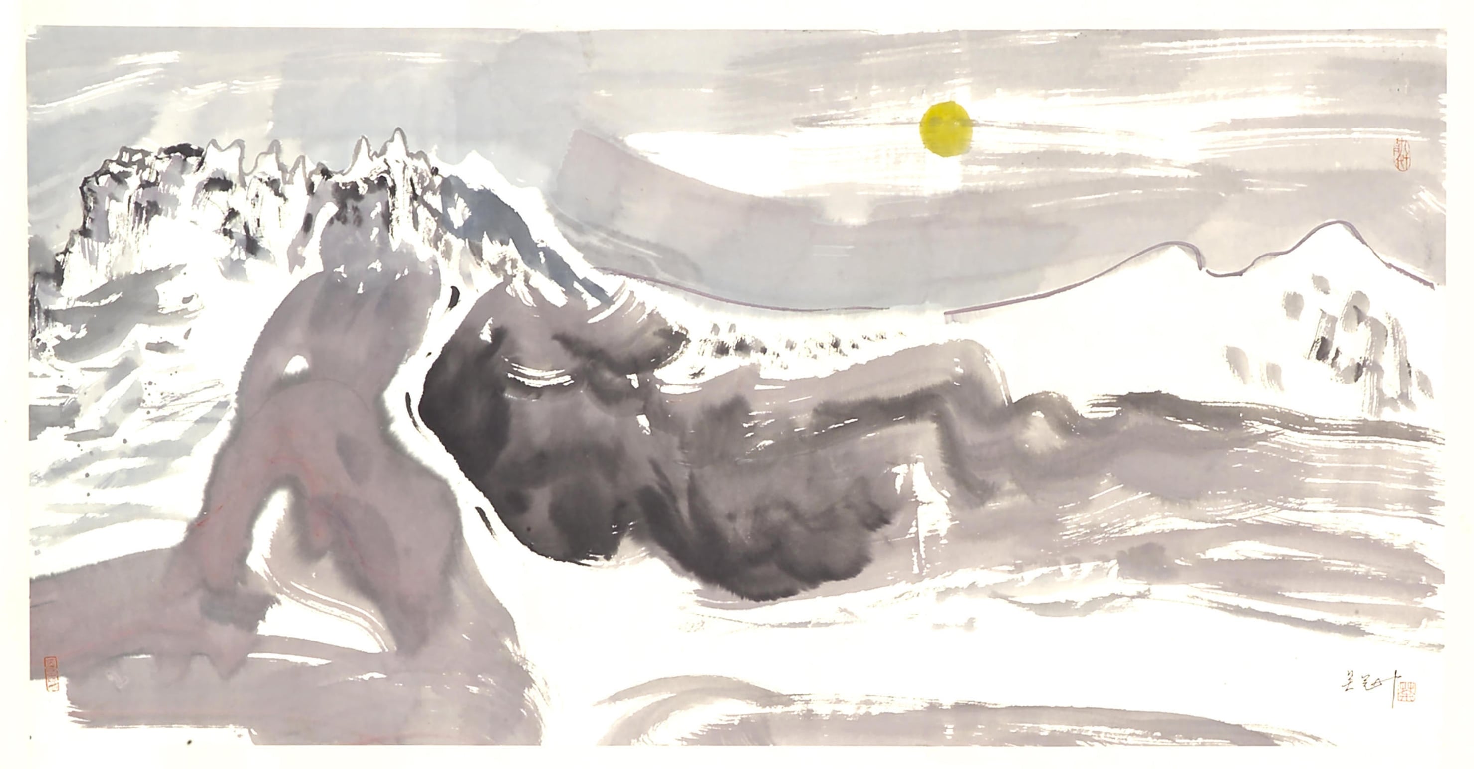 自然风景神韵主题 - 未命名山水画作 - 水墨绘就山川日月之景 