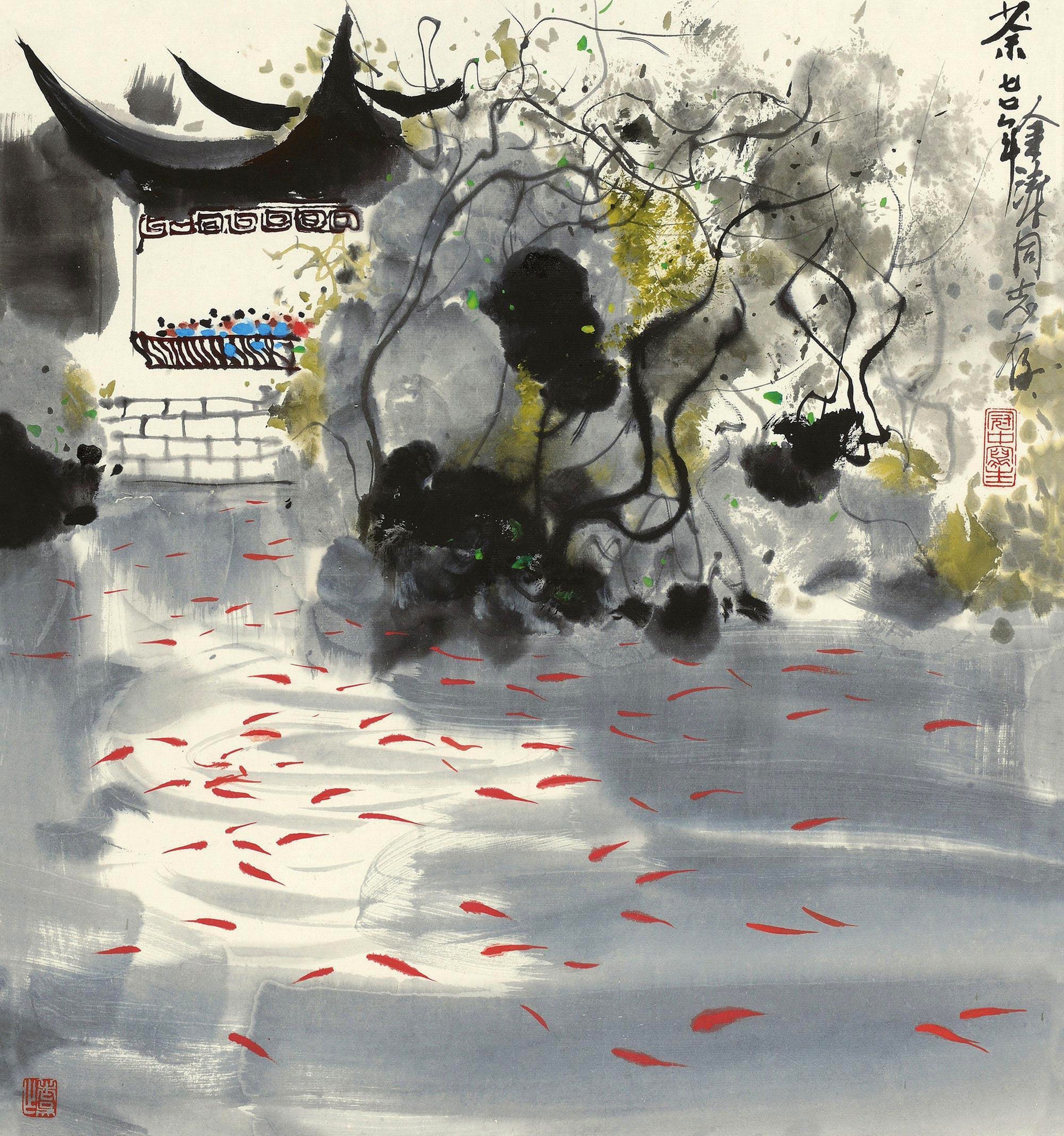 江南水乡景致主题 - 未命名 - 水墨绘江南亭鱼之景 