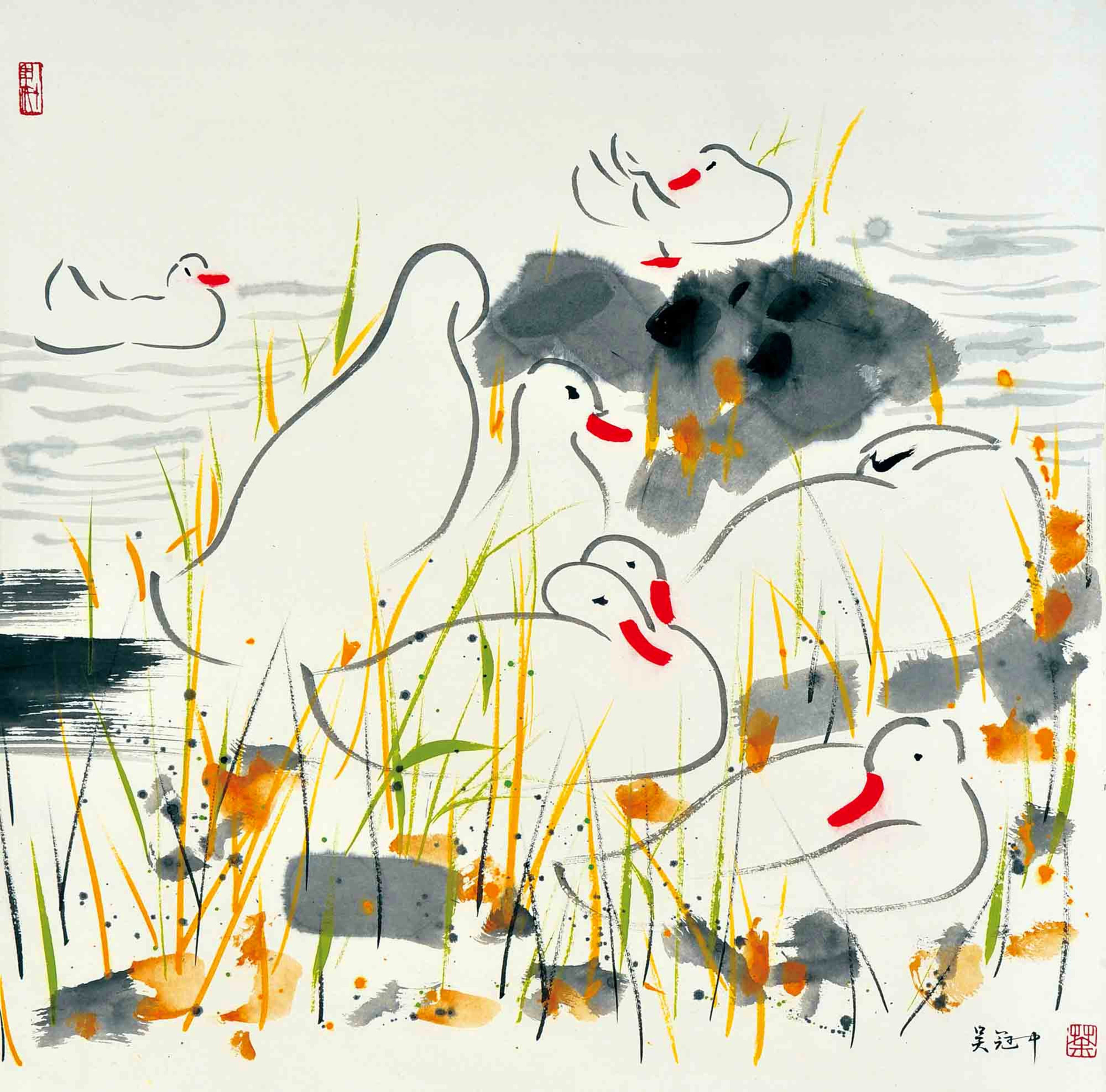 线条色彩交织主题 - 群鹅 - 线条色彩绘群鹅之态 