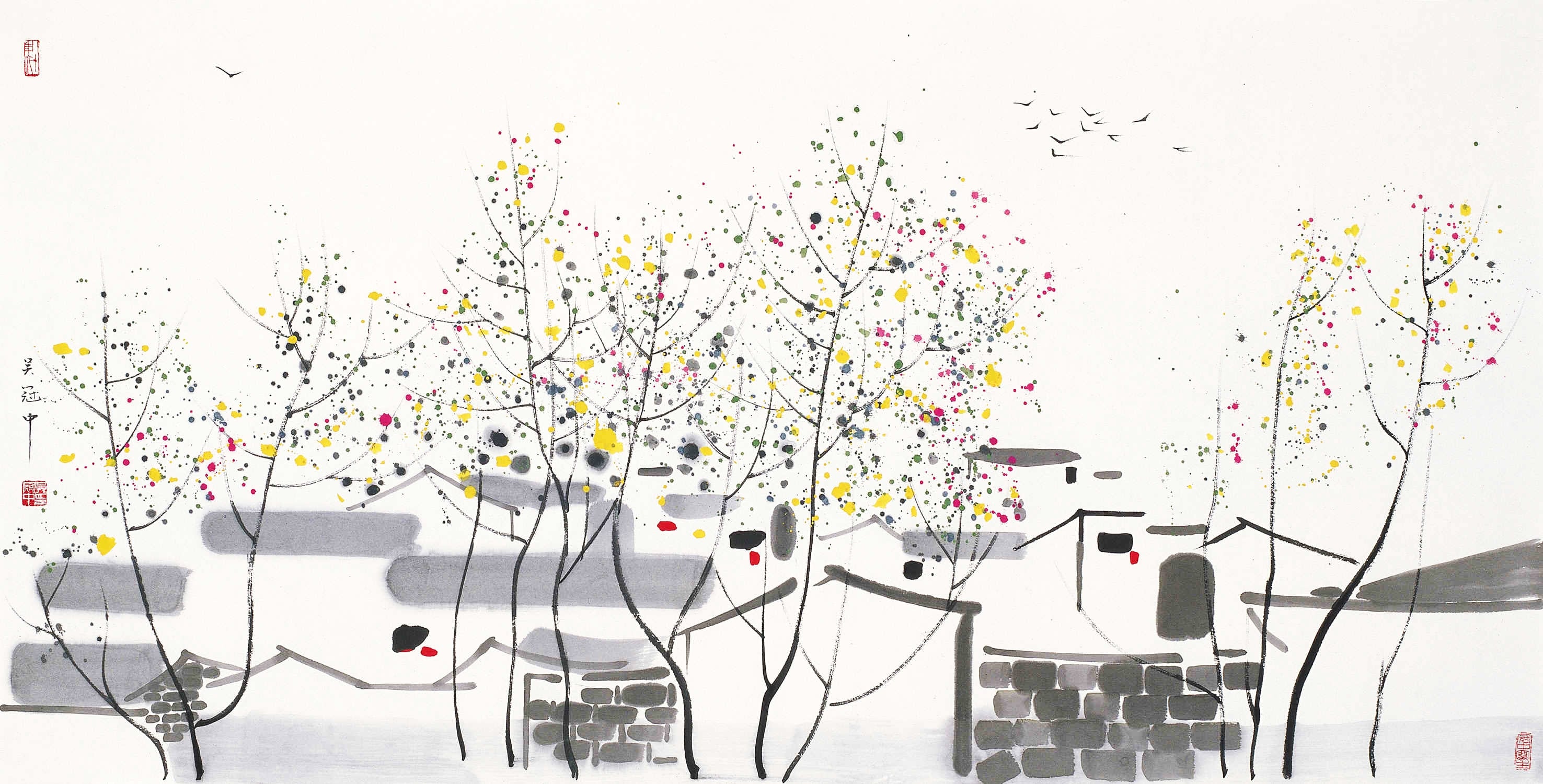 江南水乡景致主题 - 春到江南 - 水墨绘江南春景树影 