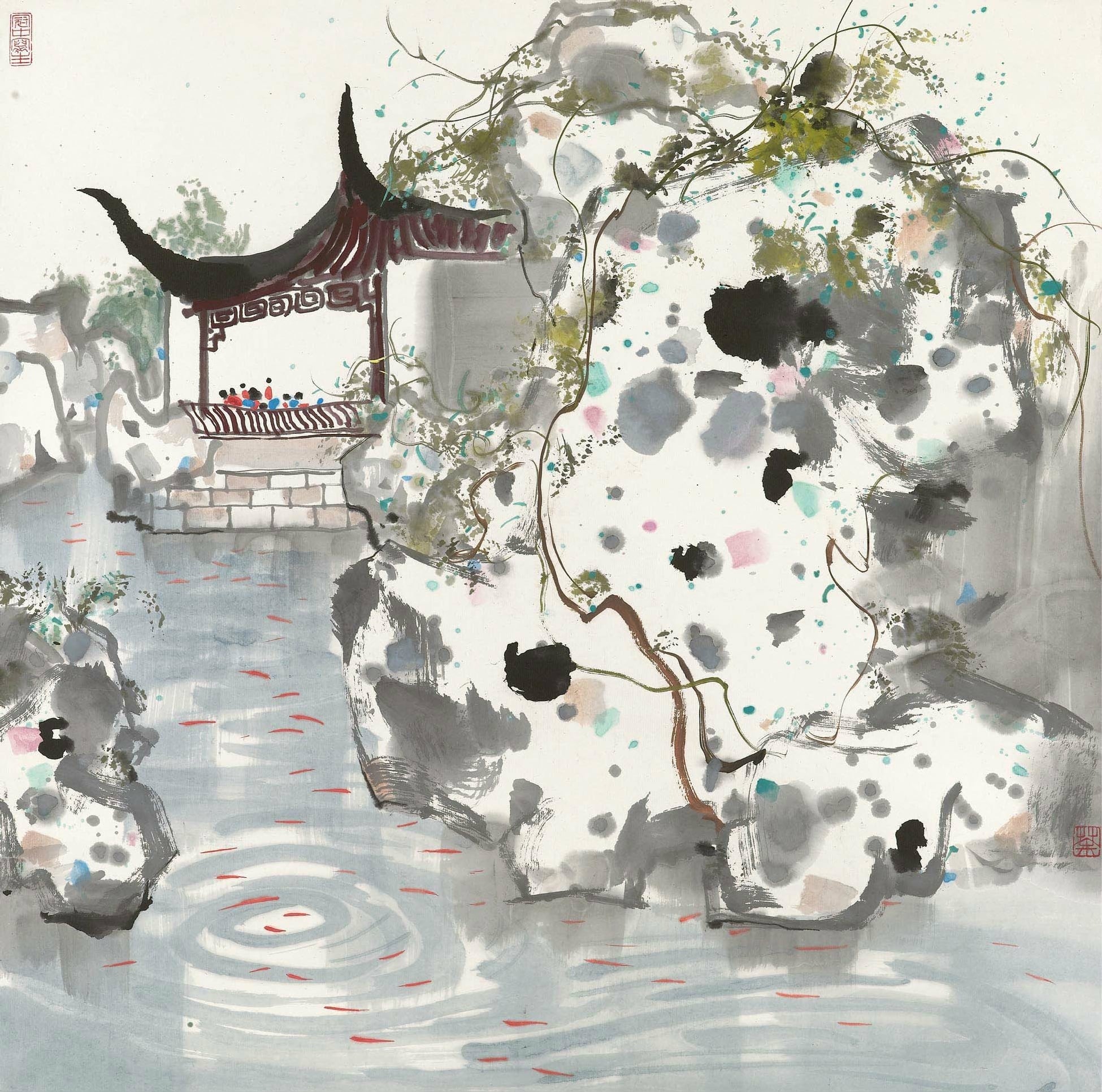 传统与现代融合主题 - 未知名画作 - 传统亭景融现代水墨 