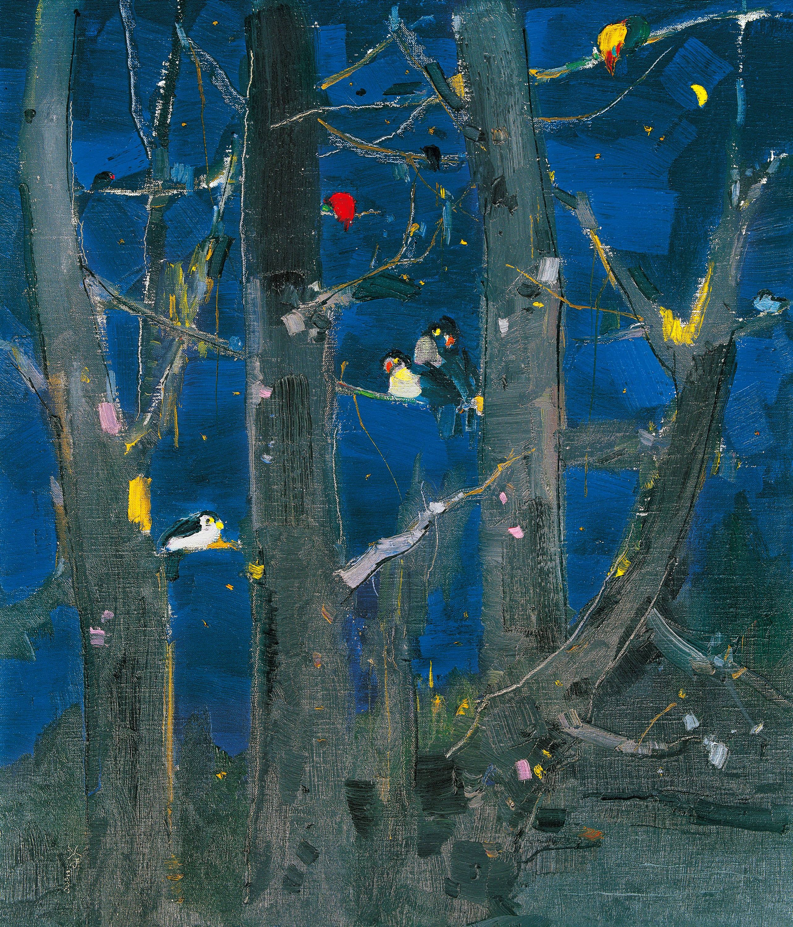 线条色彩交织主题 - 夜林鸟影 - 线条色彩绘夜林鸟景 