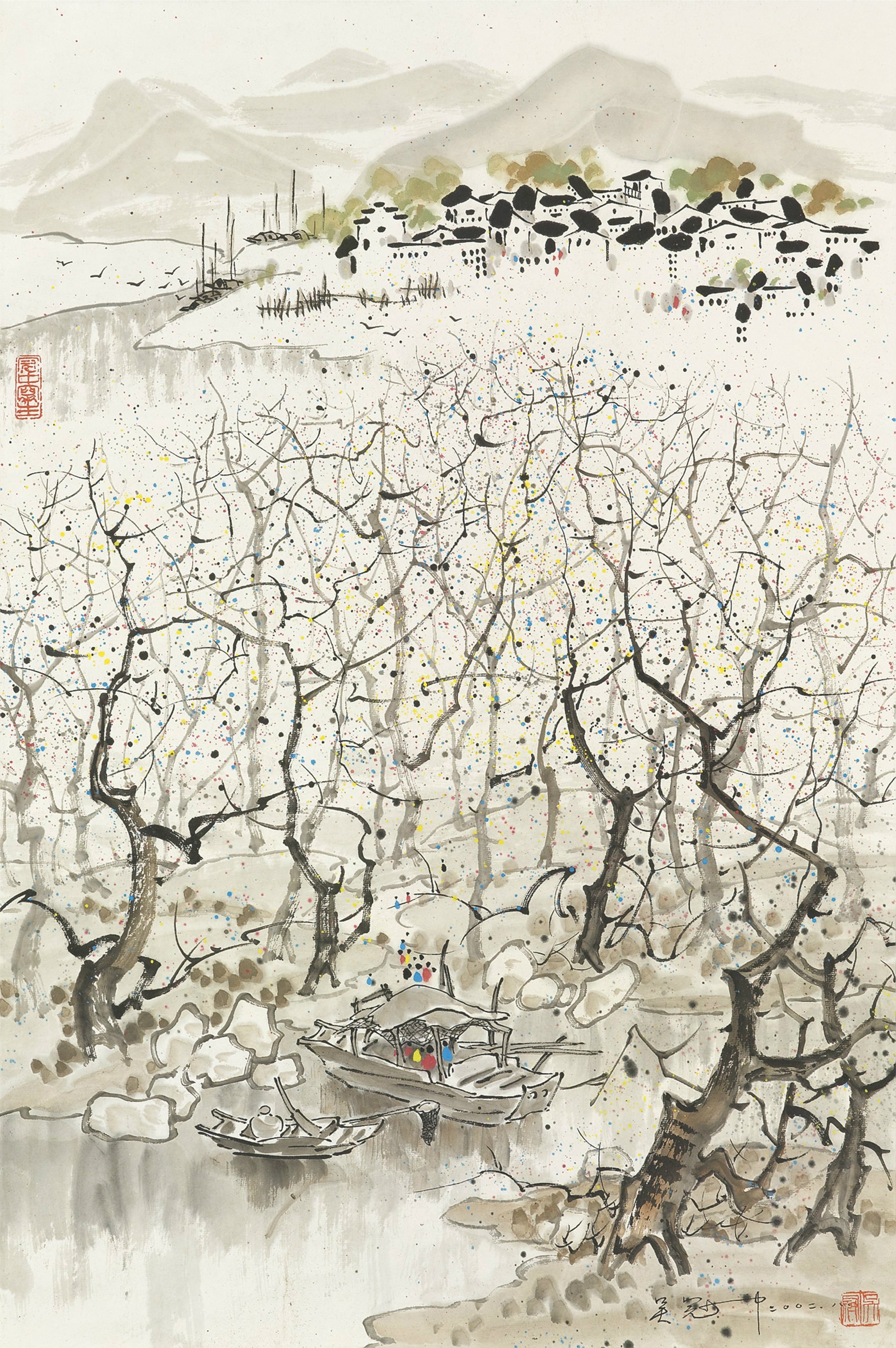 江南水乡景致主题 - 未知名江南水乡画 - 水乡村落伴船景韵悠然 