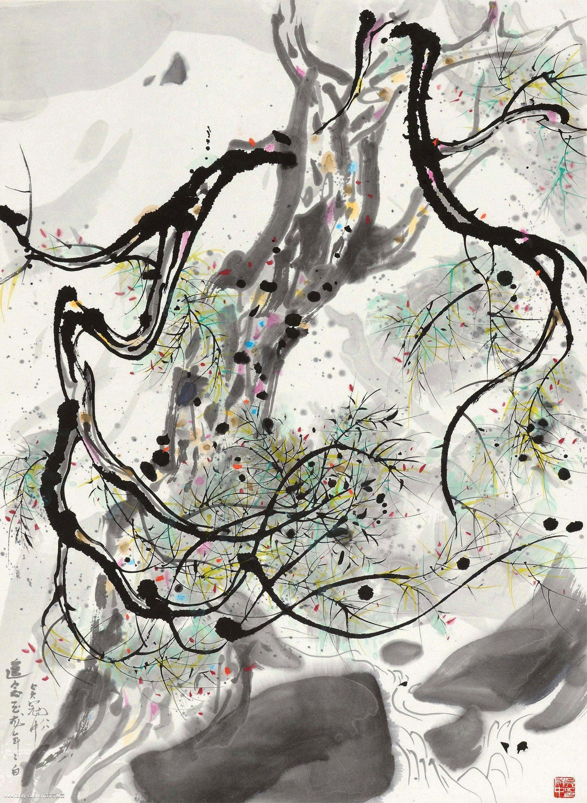 线条色彩交织主题 - 无题 - 墨线彩点交织抽象画面 