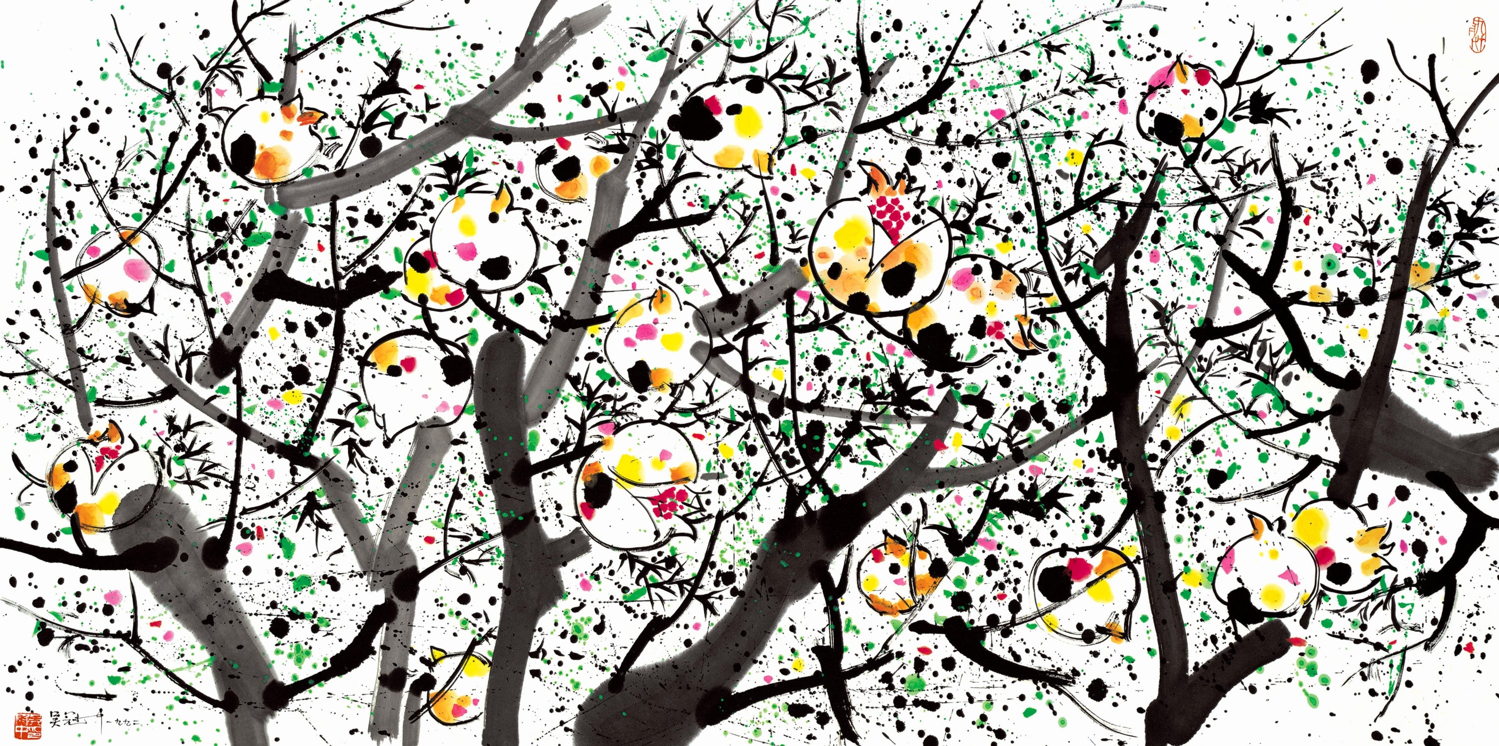 线条色彩交织主题 - 无题 - 墨线彩点绘就枝头景致 