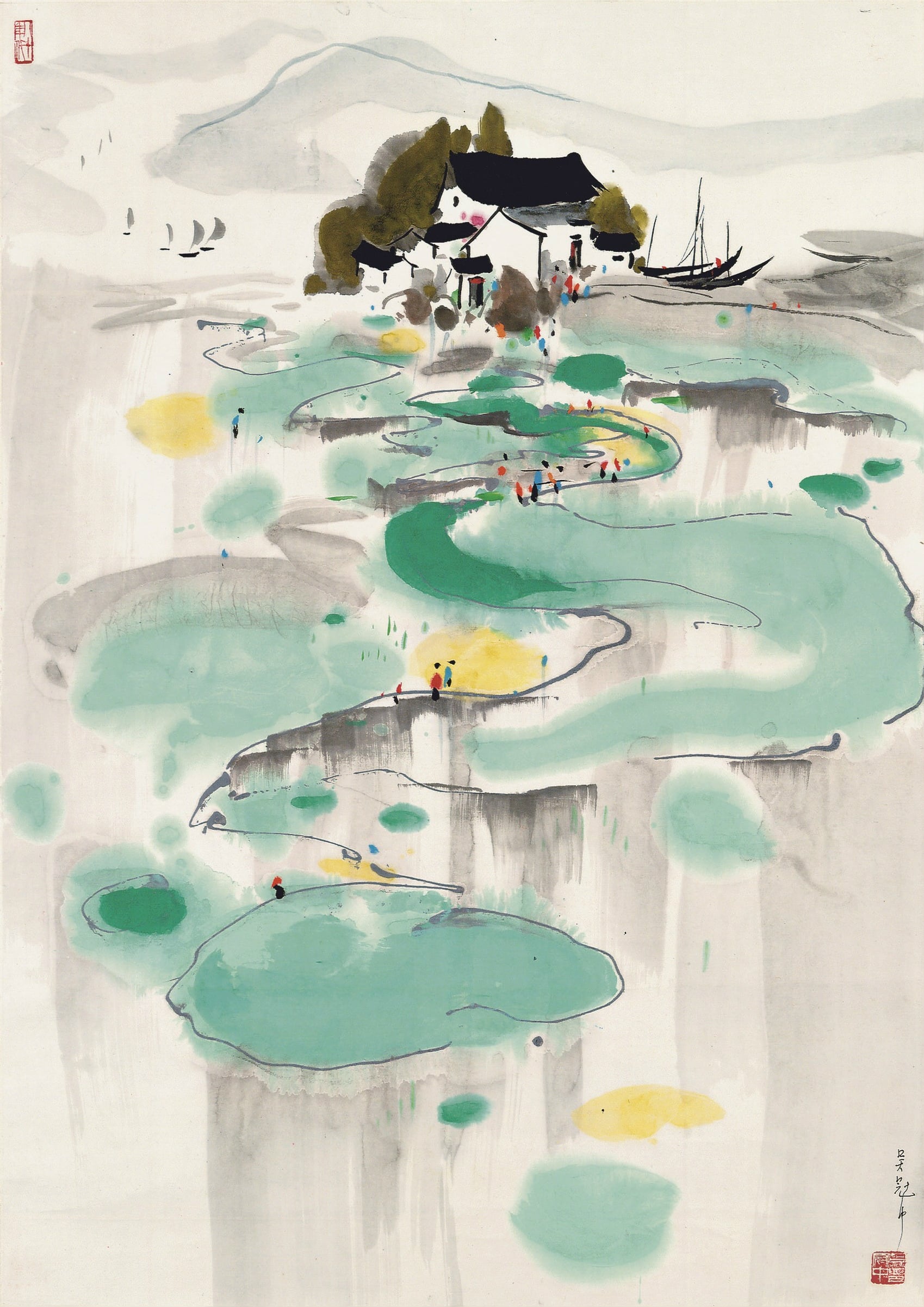 江南水乡景致主题 - 未知名水乡画作 - 水乡村落伴绿水行人 