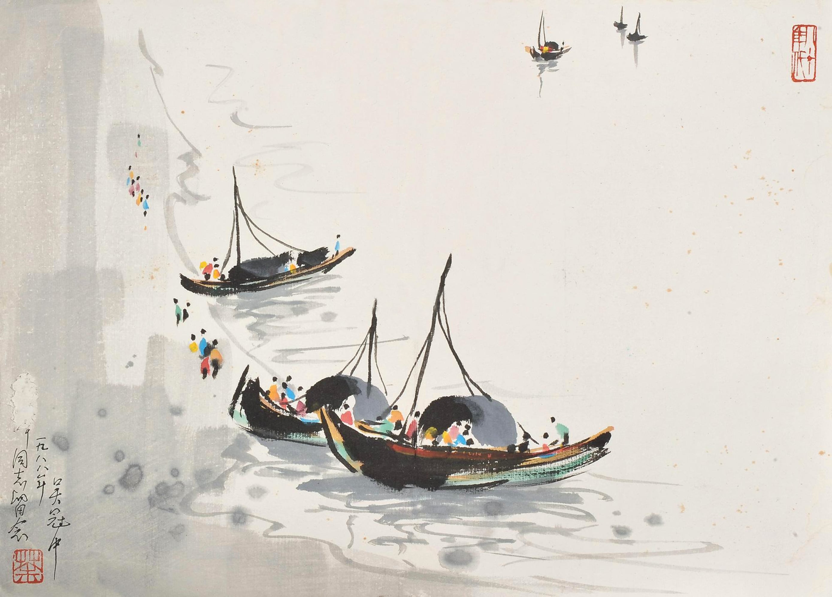 江南水乡景致主题 - 未知名画作 - 展现水乡船只与人景象