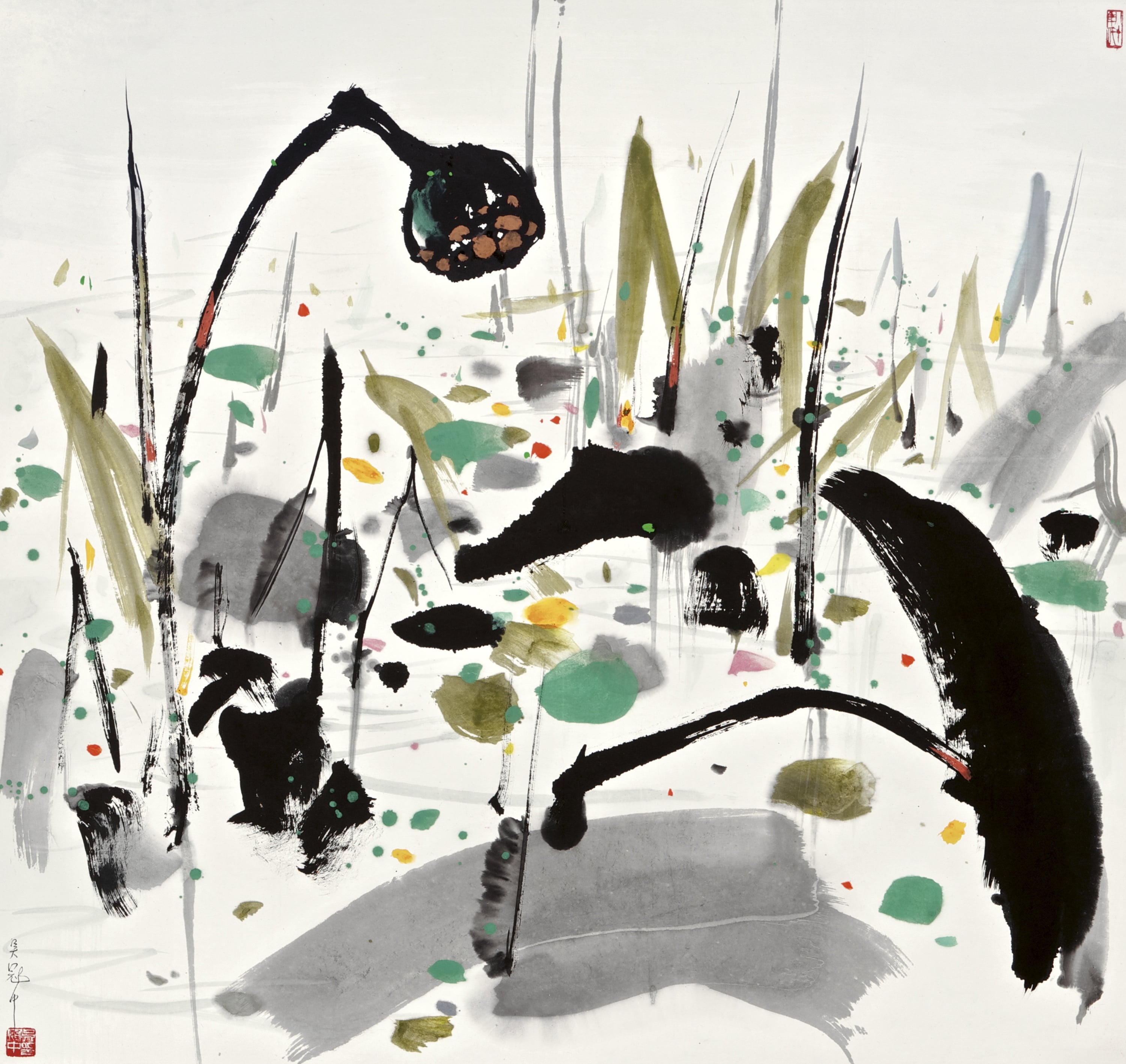 线条色彩交织主题 - 墨韵荷影 - 墨线彩点绘就荷之韵 