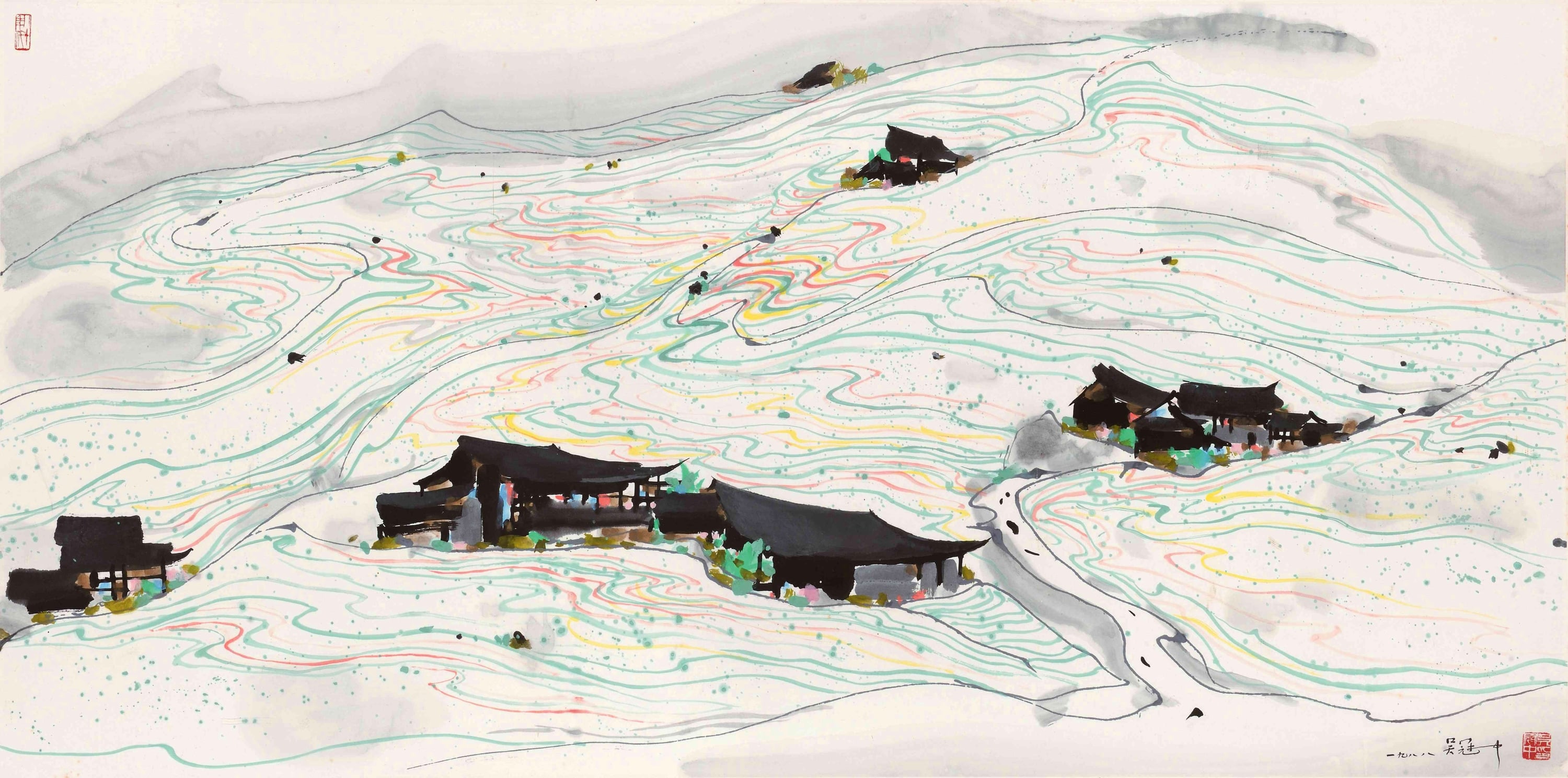 线条色彩交织主题 - 山村景致 - 多彩线条绘山村景象 