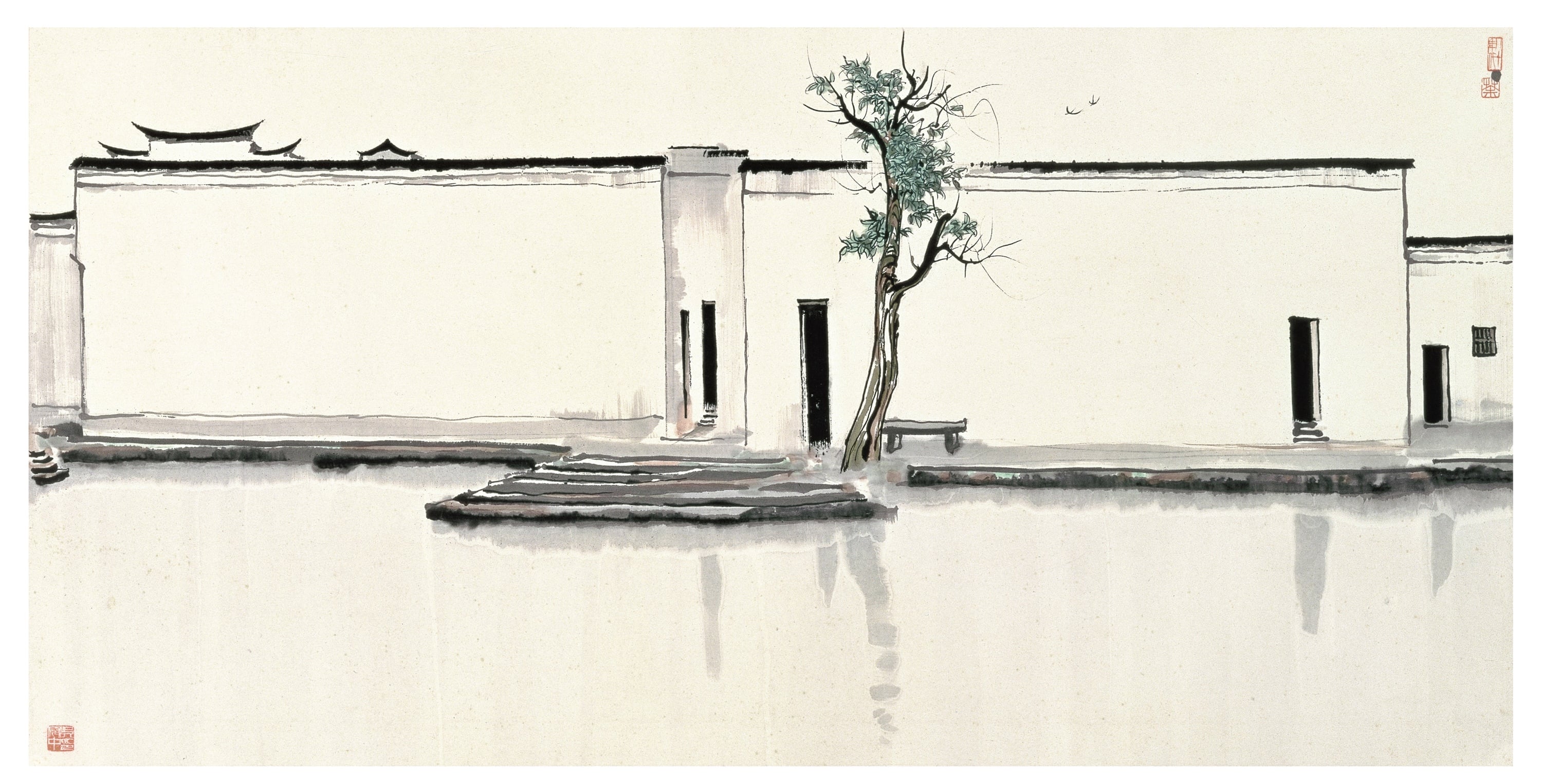 江南水乡景致主题 - 水乡一隅 - 白墙黛瓦畔的静谧树影 