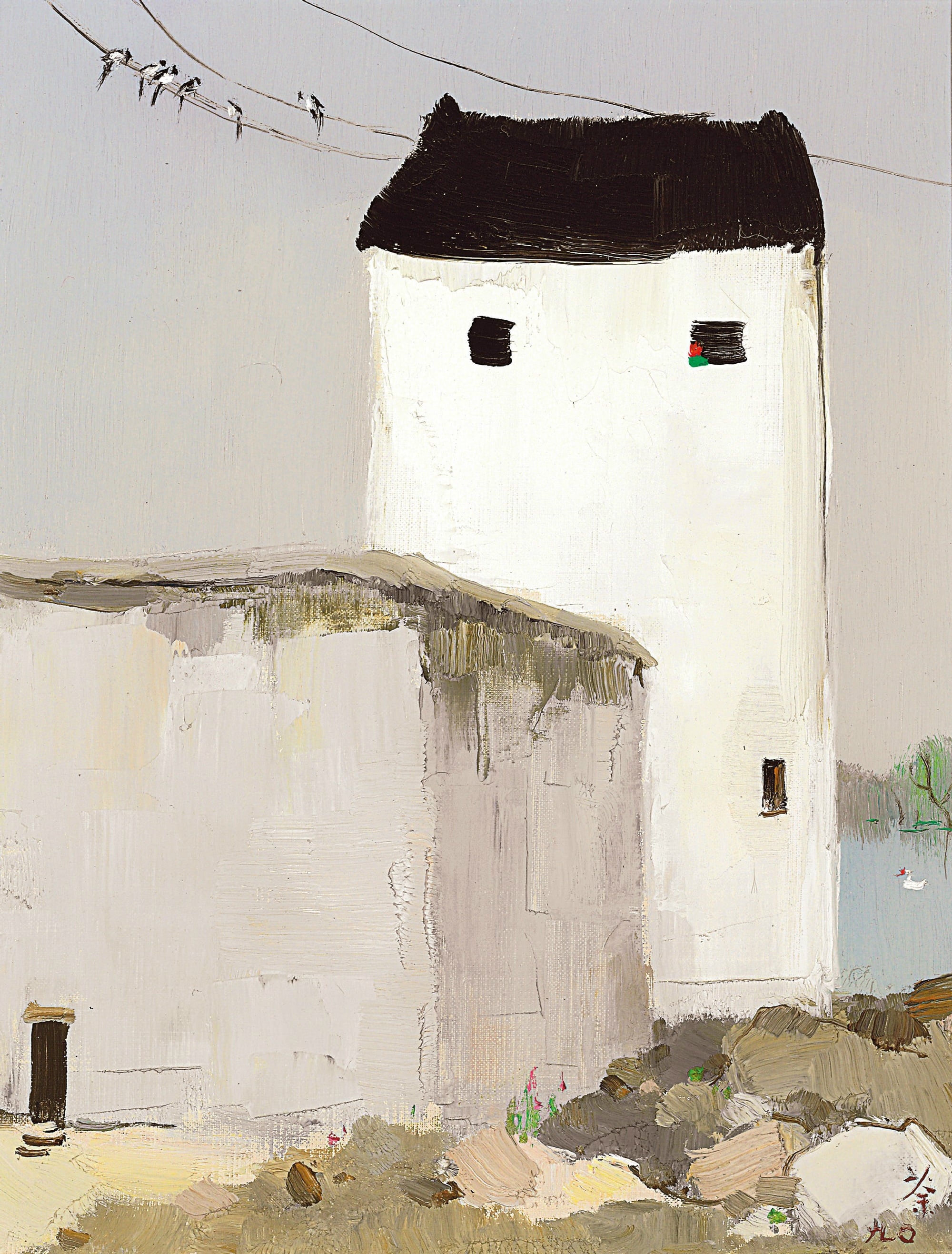 江南水乡景致主题 - 无题 - 白墙黑瓦间鸟儿栖电线 