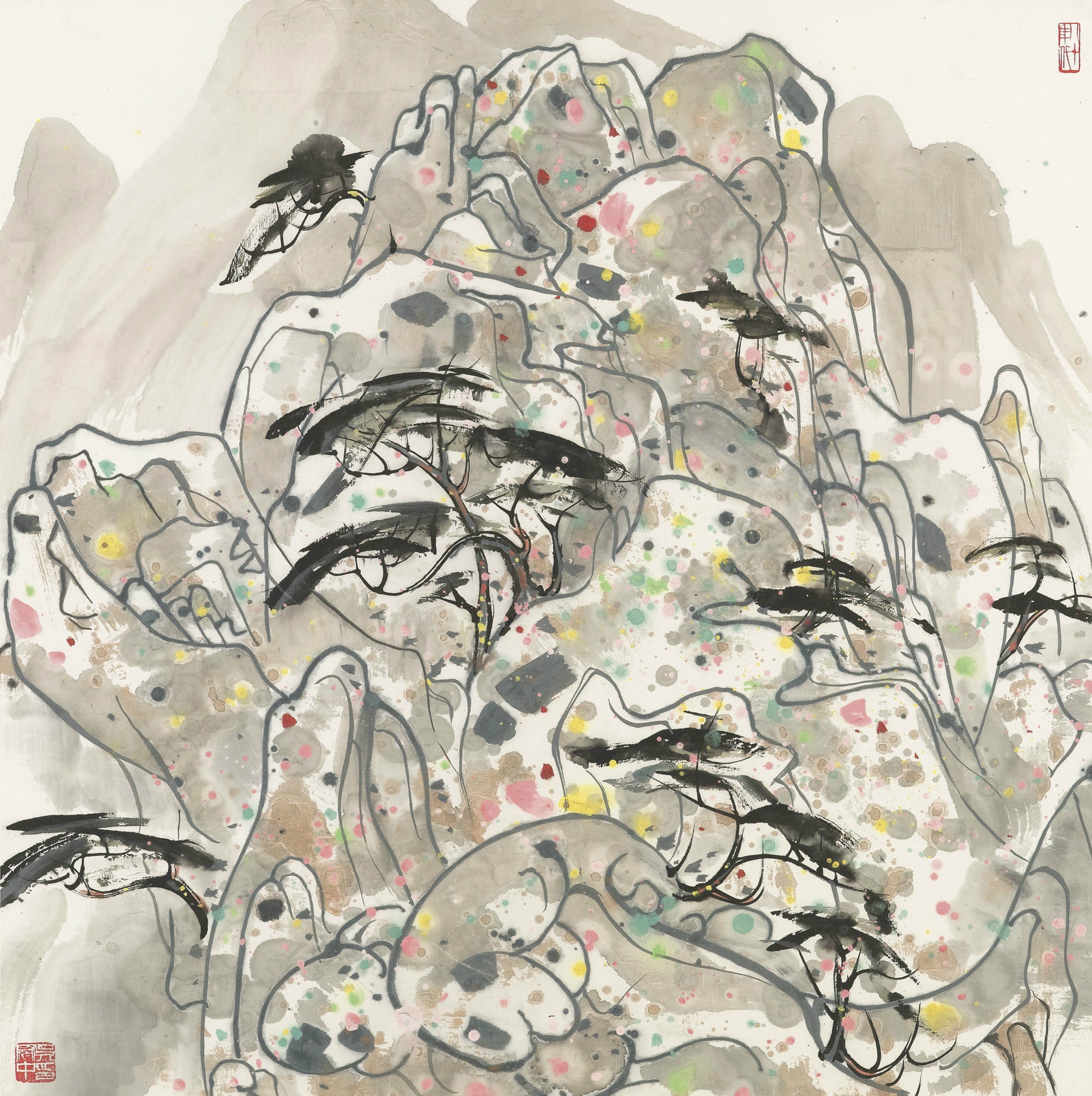 线条色彩交织主题 - 未知名画作 - 墨线彩点绘就山水意象 