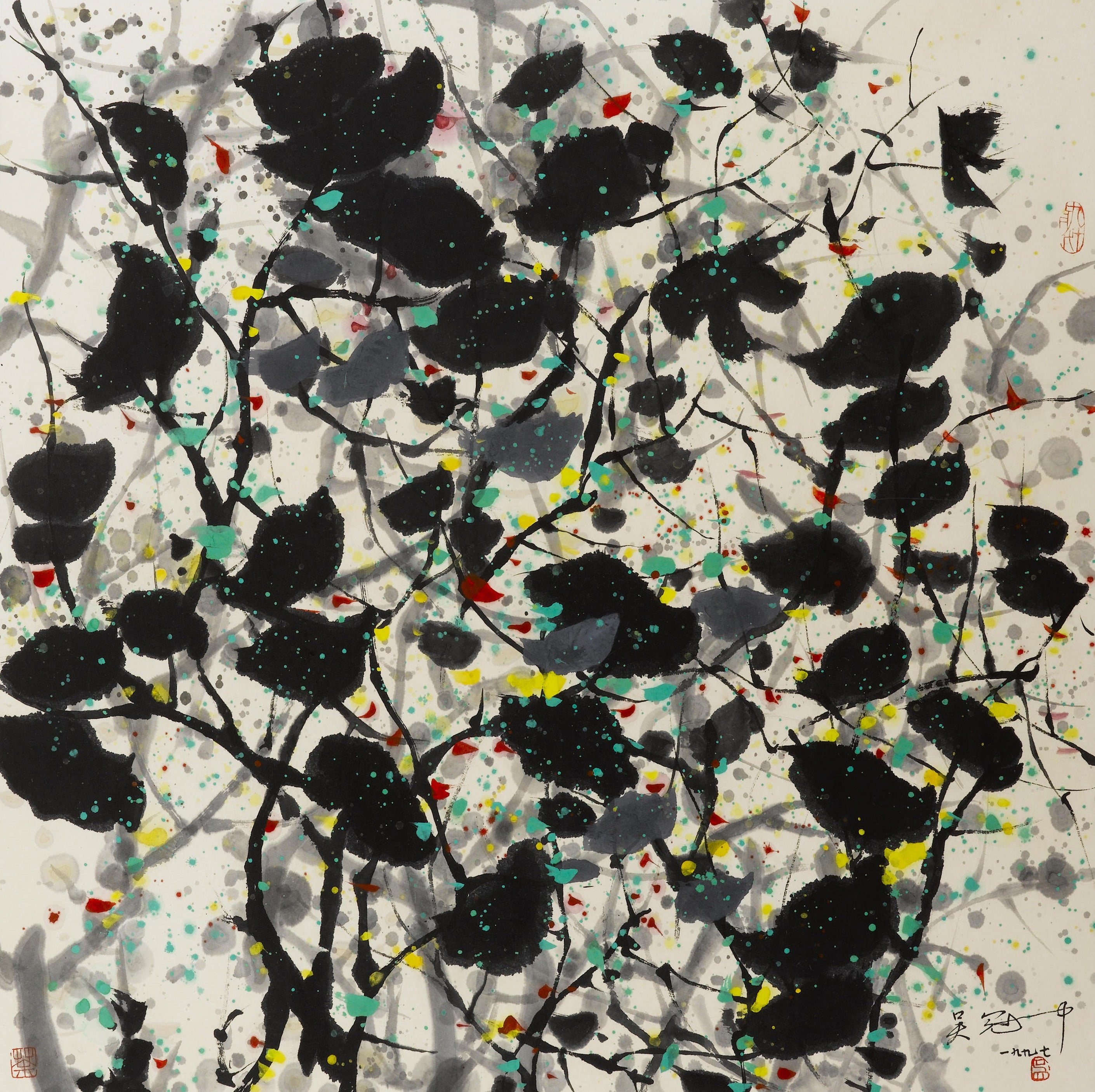 线条色彩交织主题 - 无题 - 墨色线条与多彩斑点交织