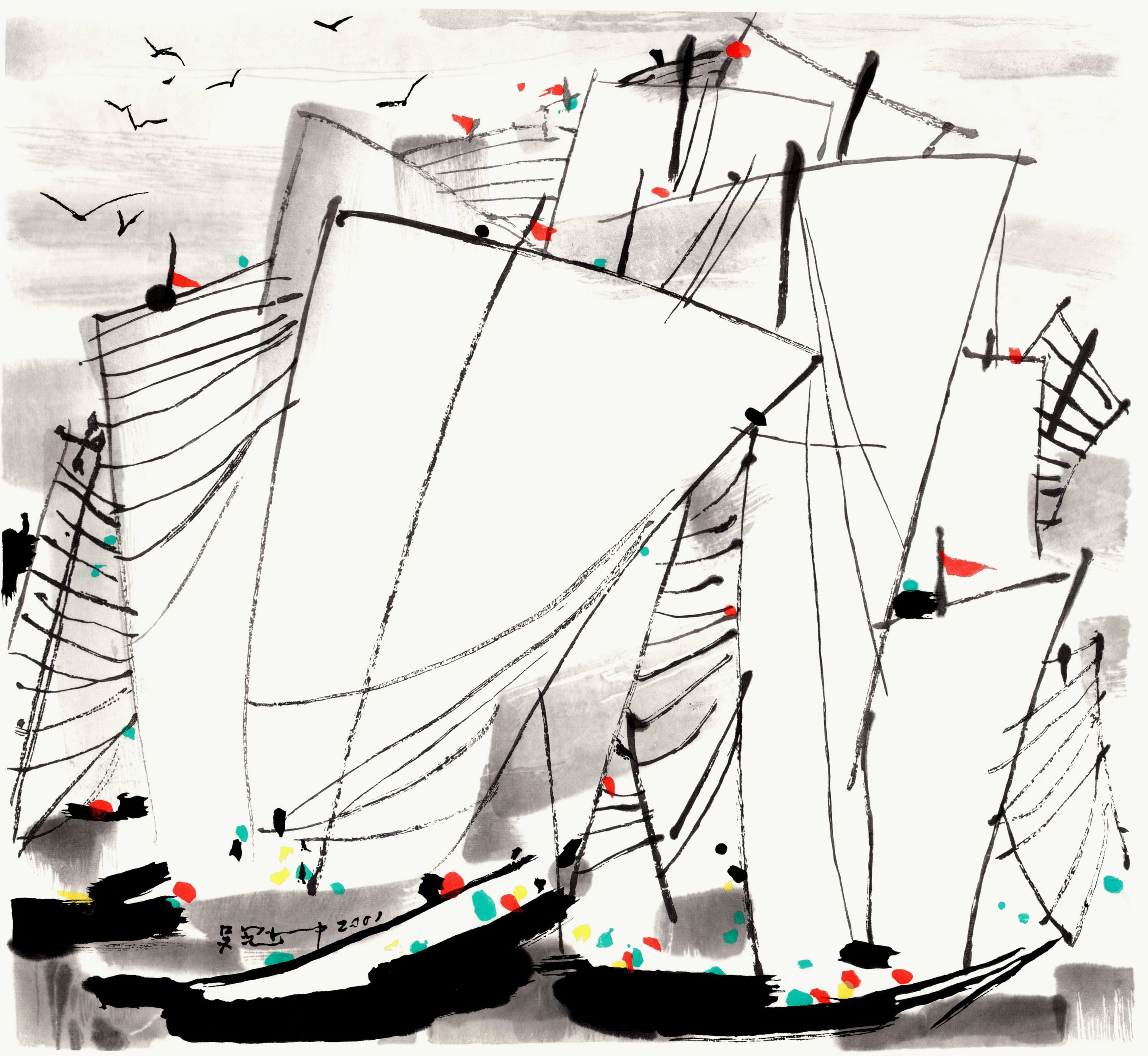 线条色彩交织主题 - 无题 - 墨线彩点绘就帆船图景