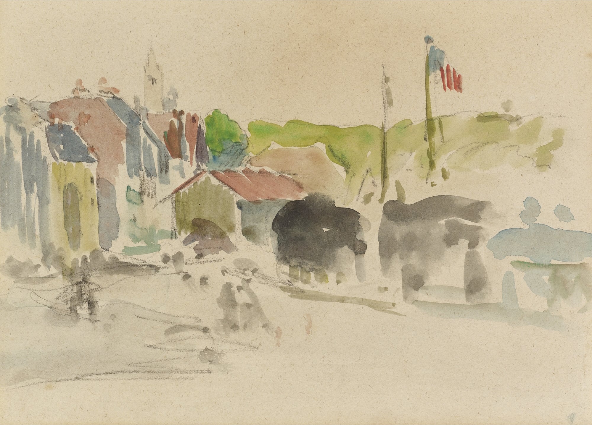 其他 - 未知名水彩小镇画 - 水彩绘就小镇朦胧景象 