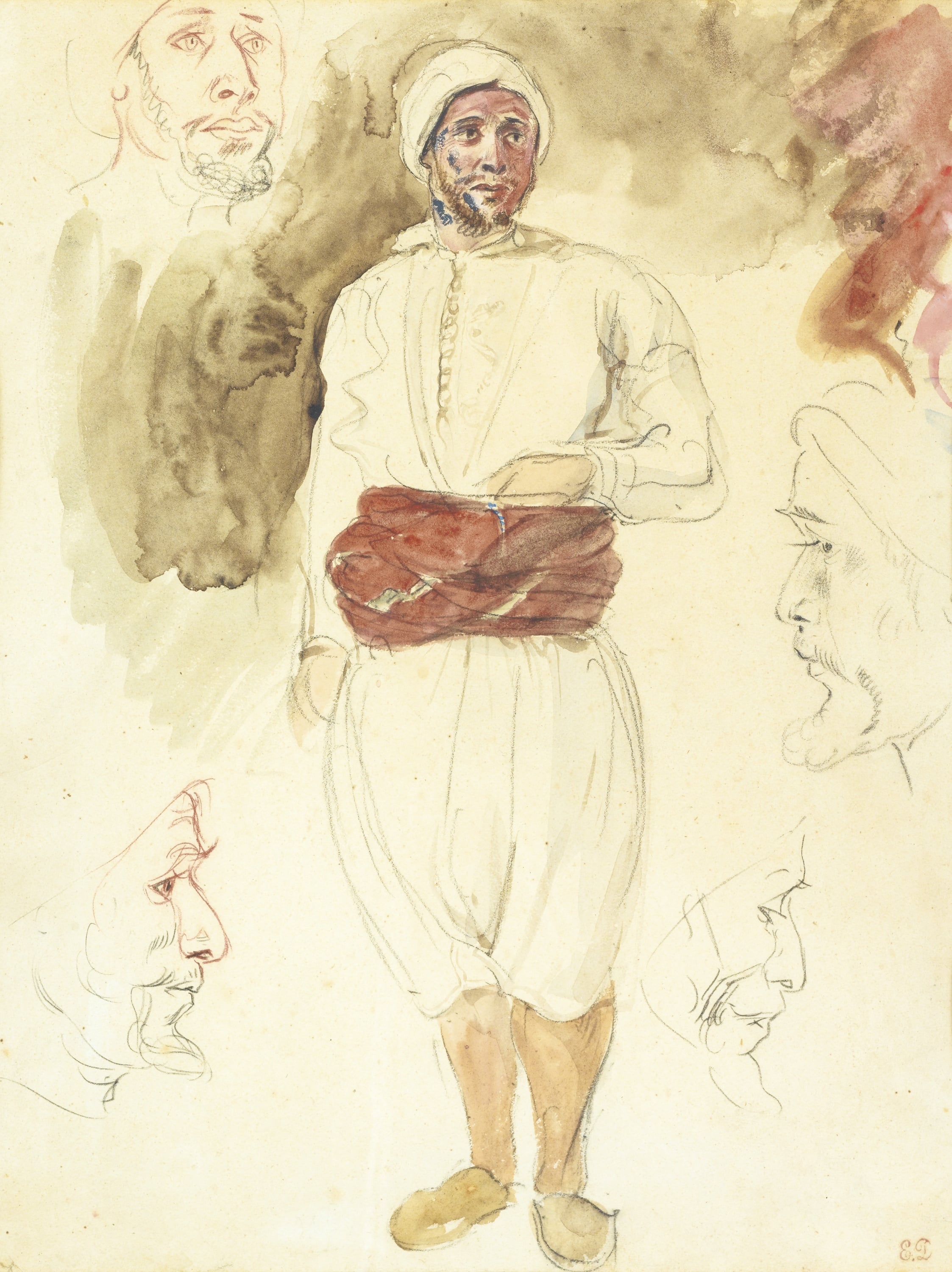 其他 - 未知名人物水彩画 - 男子着装姿态的画作 