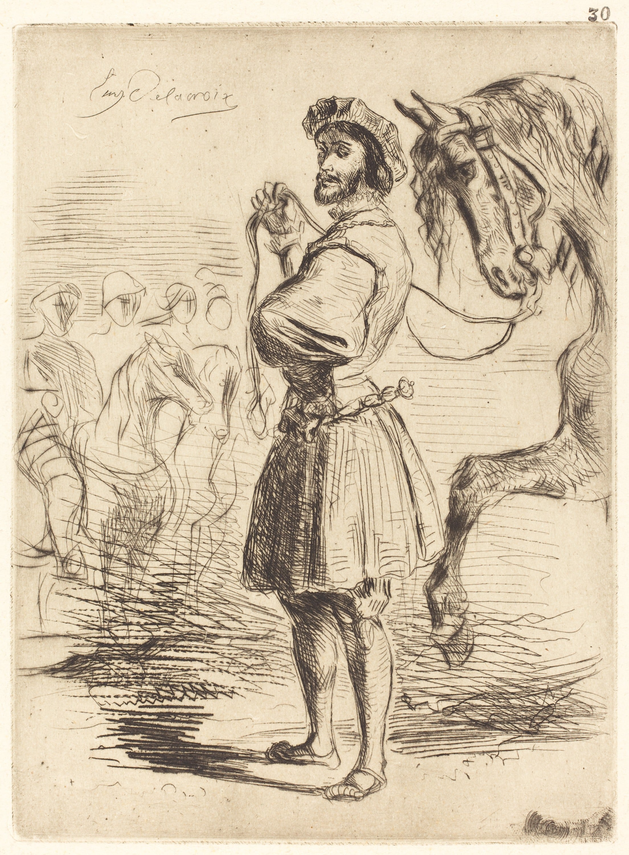 其他 - 未命名素描 - 男子牵马的简洁描绘 