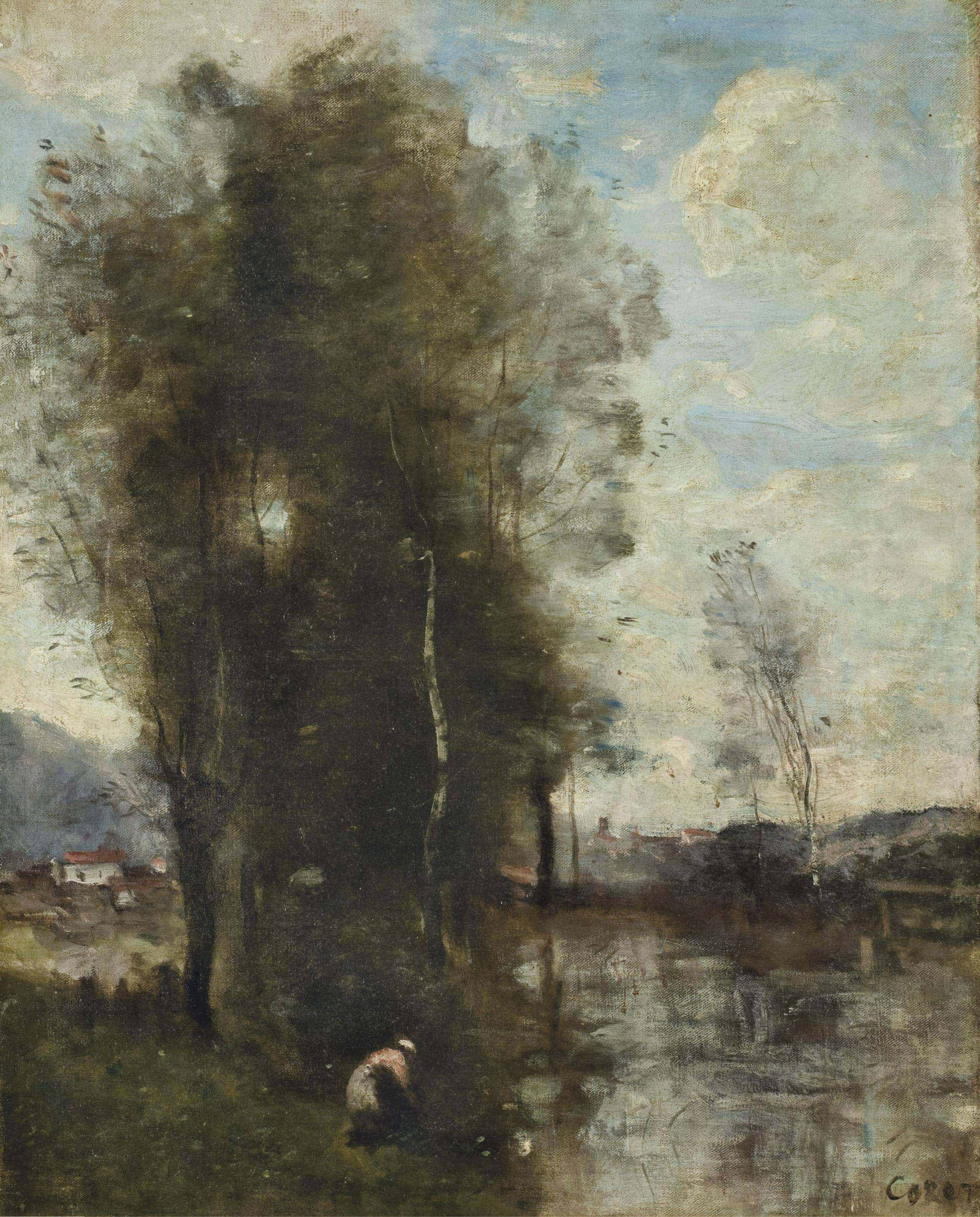 田园诗意风景主题 - 未知画作 - 河畔树木下的田园景致 