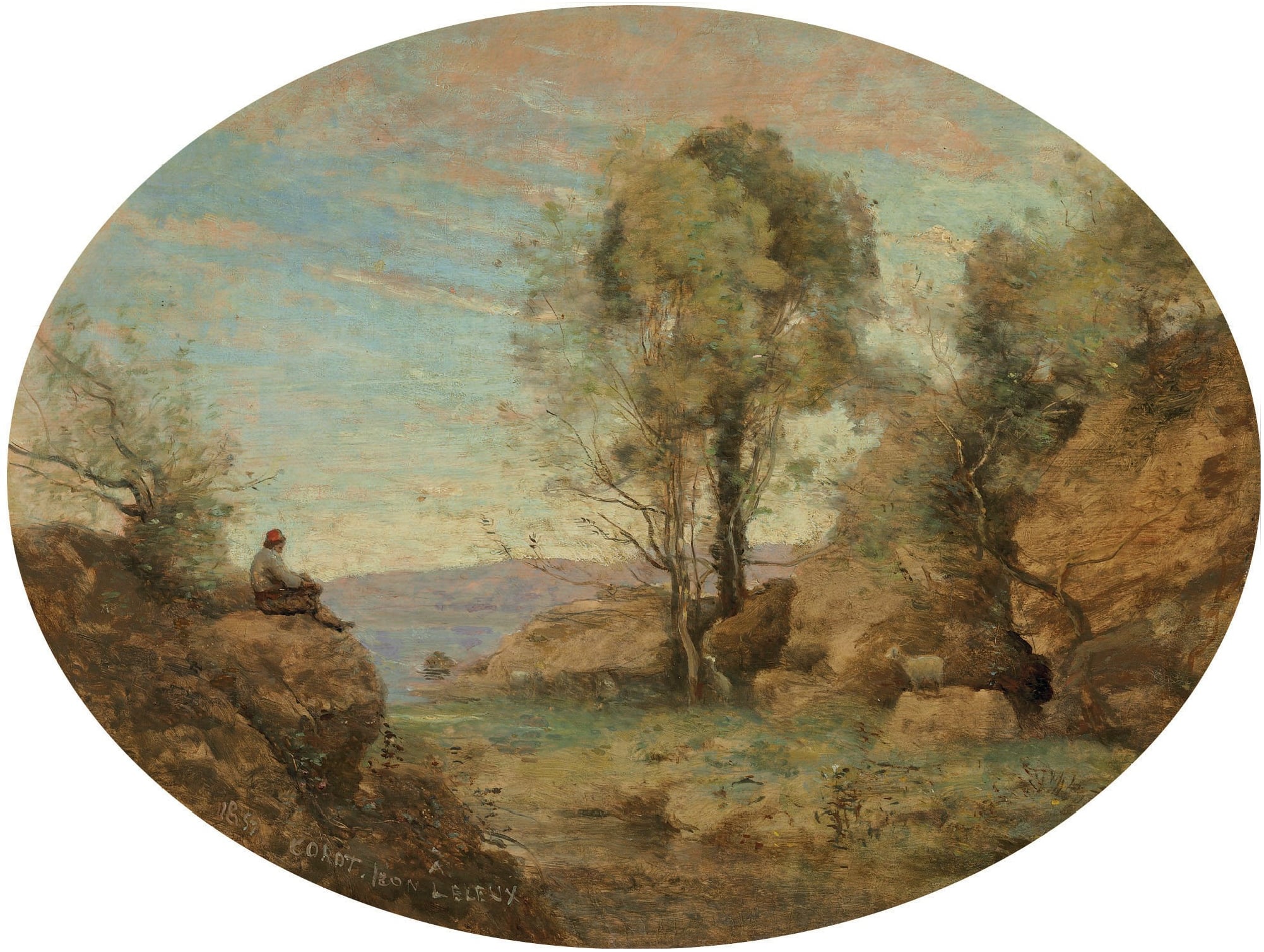 人物与自然融合主题 - 未知名画作 - 人坐岩边赏自然景致 