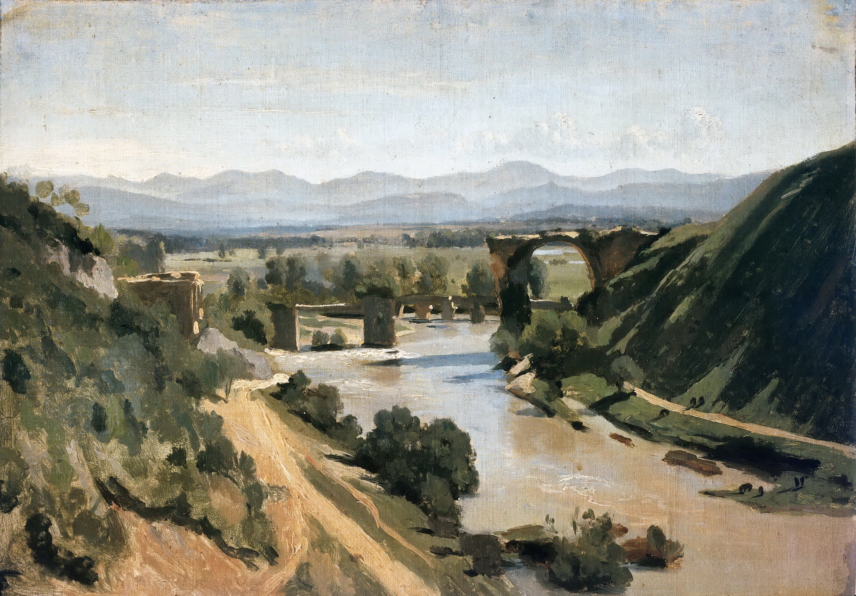 田园诗意风景主题 - 佚名风景画作 - 展现河谷桥梁田园景致 