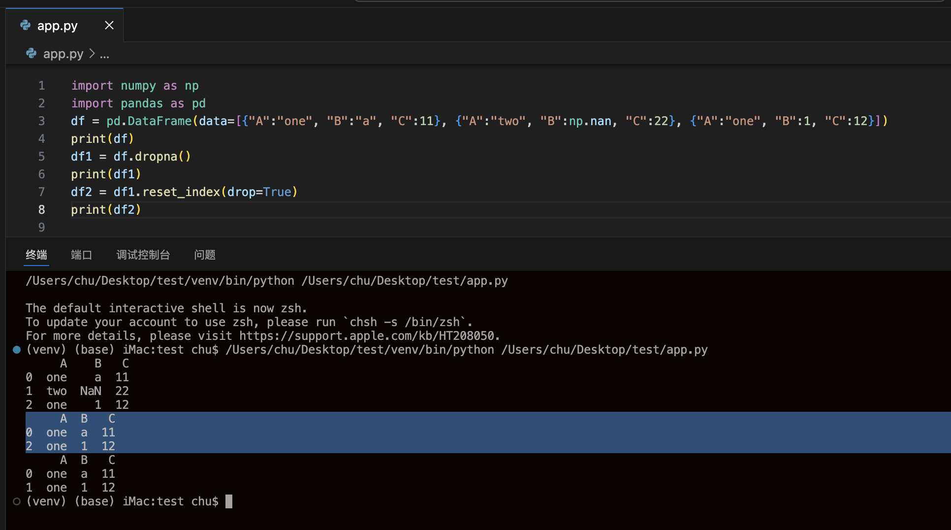 df dropna删除有空值行